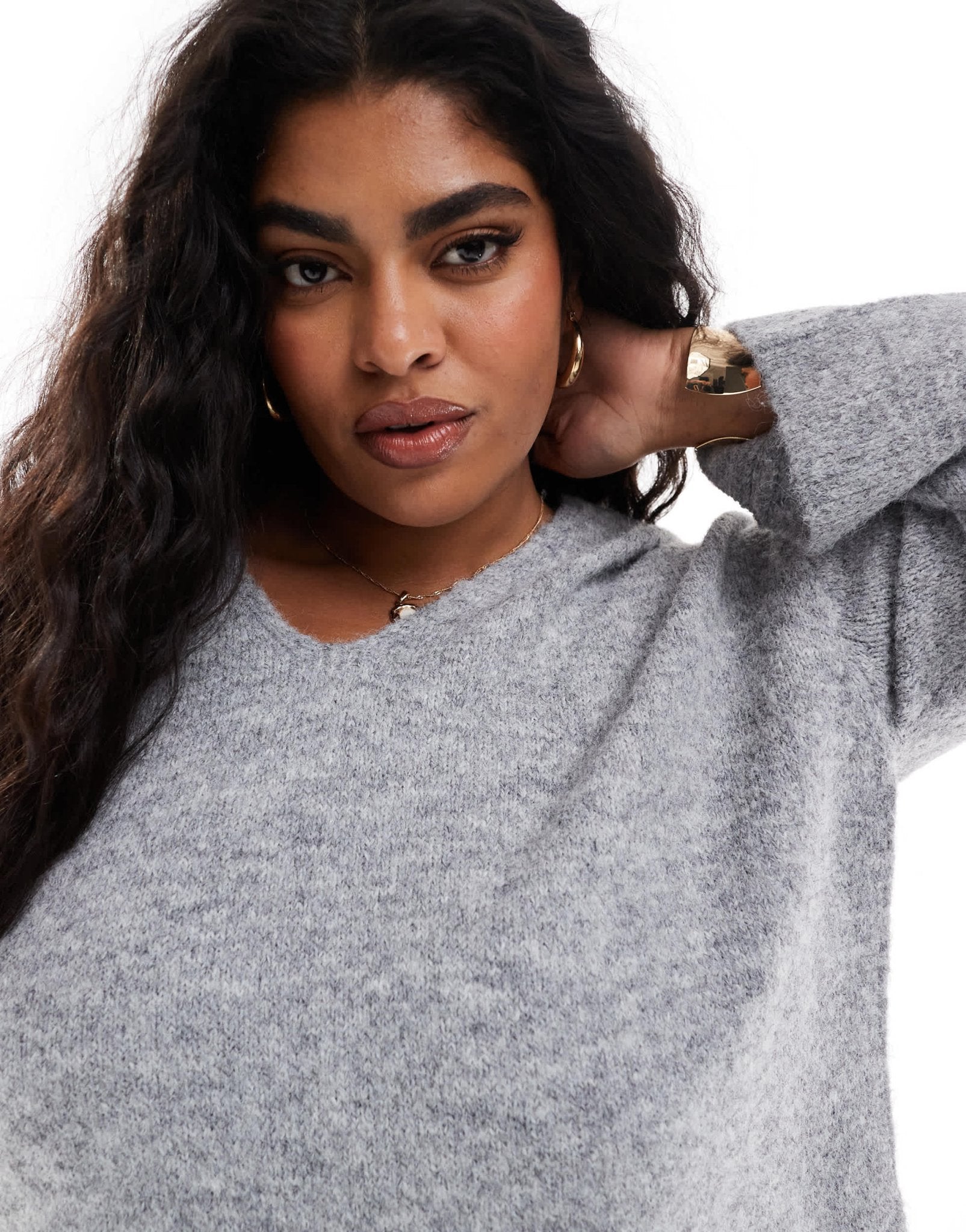 4th & Reckless Plus wool mix fluffy knit v neck jumper co - ord in grey - ASOS Sample Sale