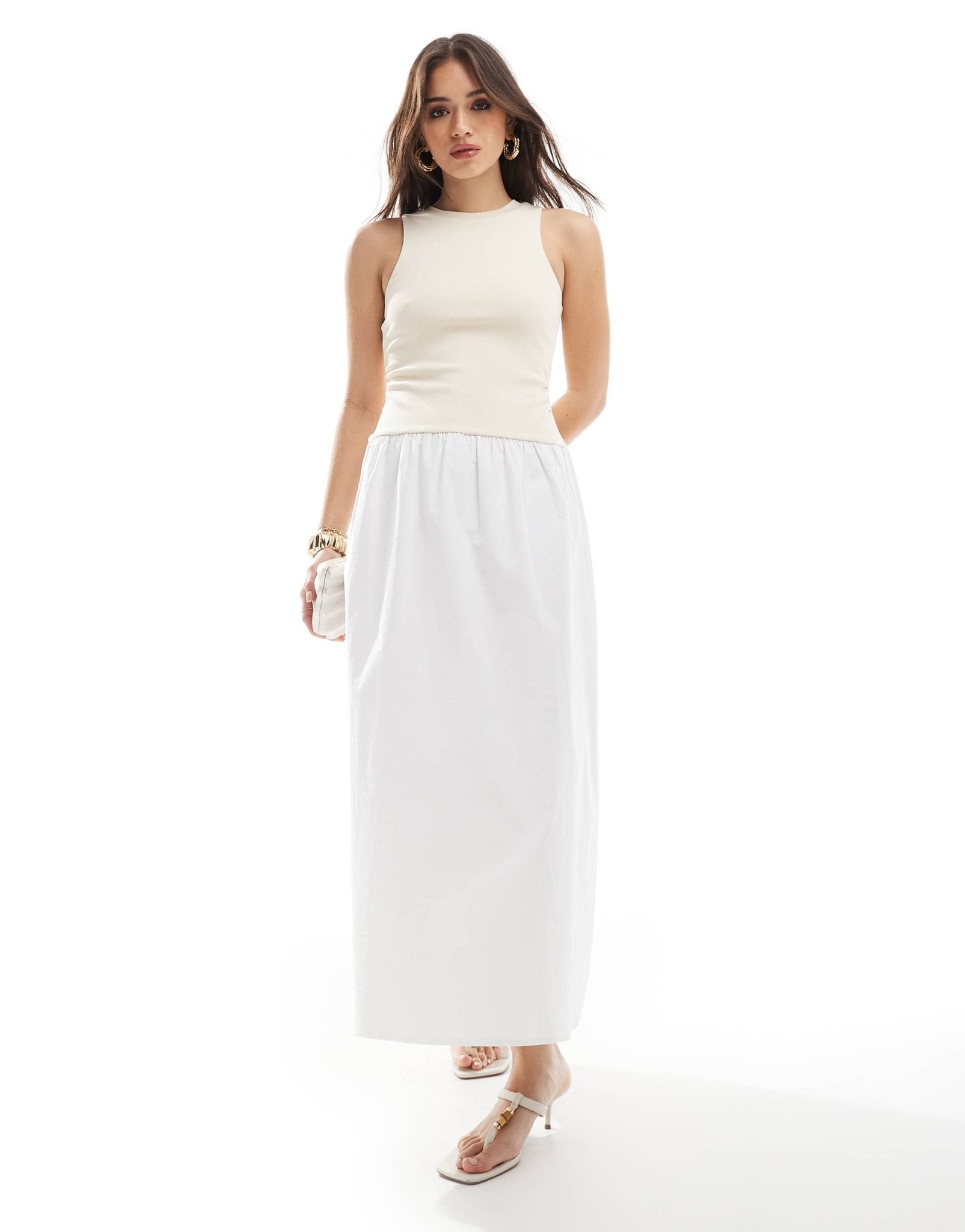 4th & Reckless racerneck contrast drop waist maxi dress in beige and white - ASOS Sample Sale