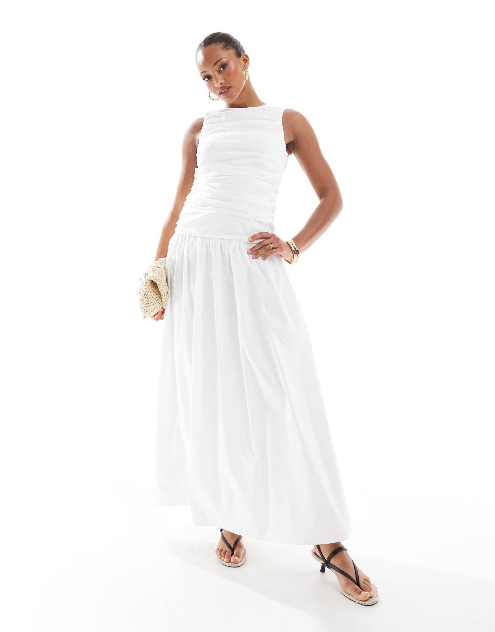 4th & Reckless ruched poplin sleeveless drop waist maxi dress in white - ASOS Sample Sale