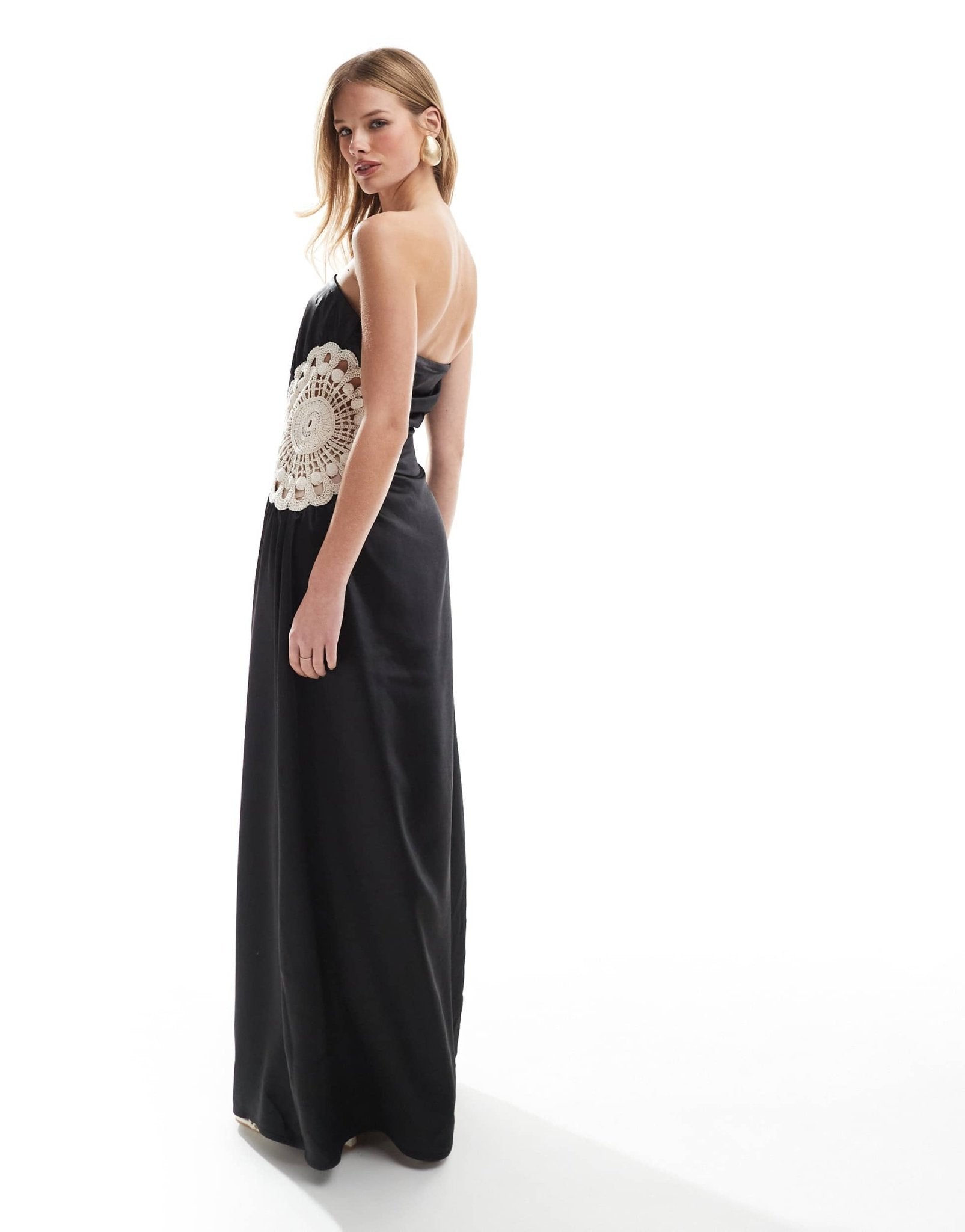4th & Reckless satin bandeau crochet insert maxi dress in black - ASOS Sample Sale