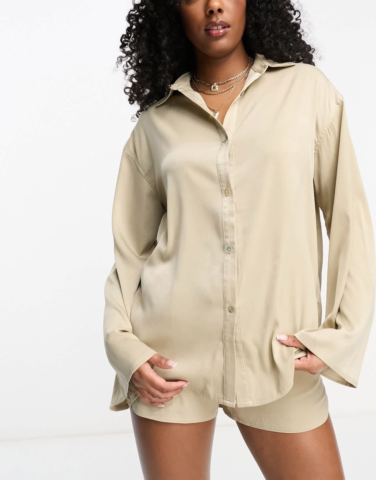 4th & Reckless satin beach shirt co - ord in beige - ASOS Sample Sale