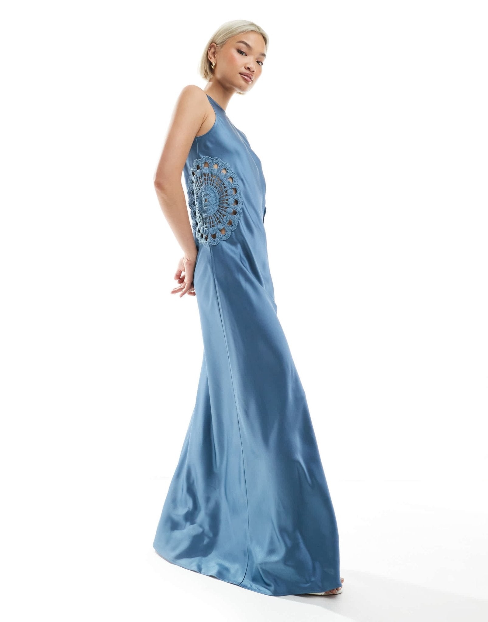 4th & Reckless satin racer neck crochet insert maxi dress in blue - ASOS Sample Sale