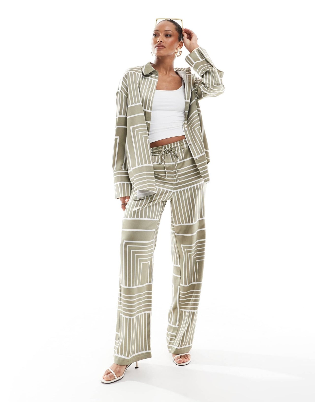4th & Reckless satin wide cuff button front shirt co - ord in sage tile print - ASOS Sample Sale