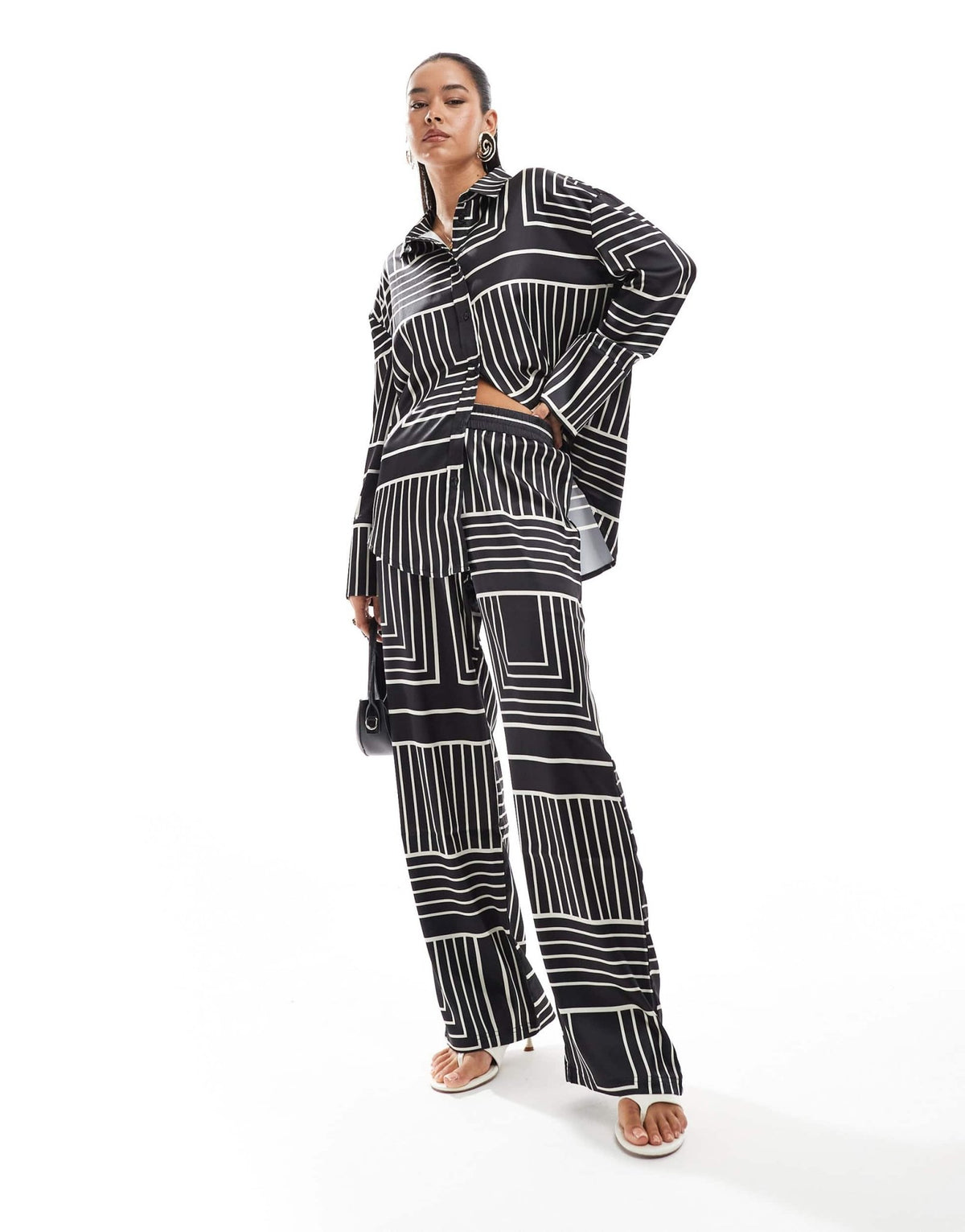 4th & Reckless satin wide leg trousers co-ord in black tile print - ASOS Sample Sale