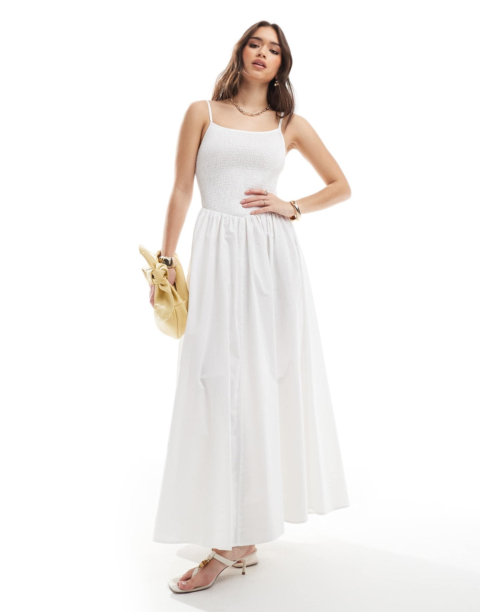 4th & Reckless shirred cami v waist ruched skirt maxi dress in white - ASOS Sample Sale