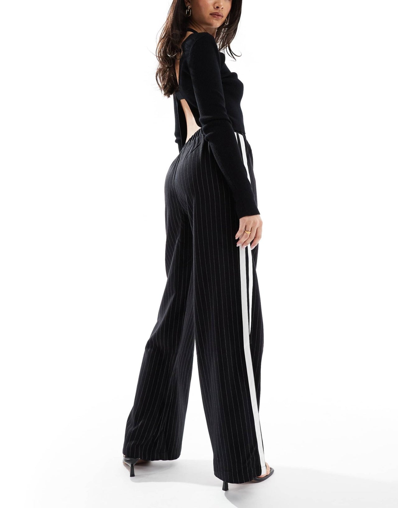 4th & Reckless side stripe wide leg trousers in black pinstripe - ASOS Sample Sale