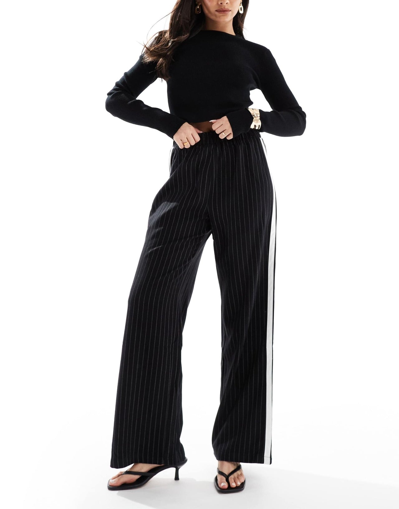 4th & Reckless side stripe wide leg trousers in black pinstripe - ASOS Sample Sale