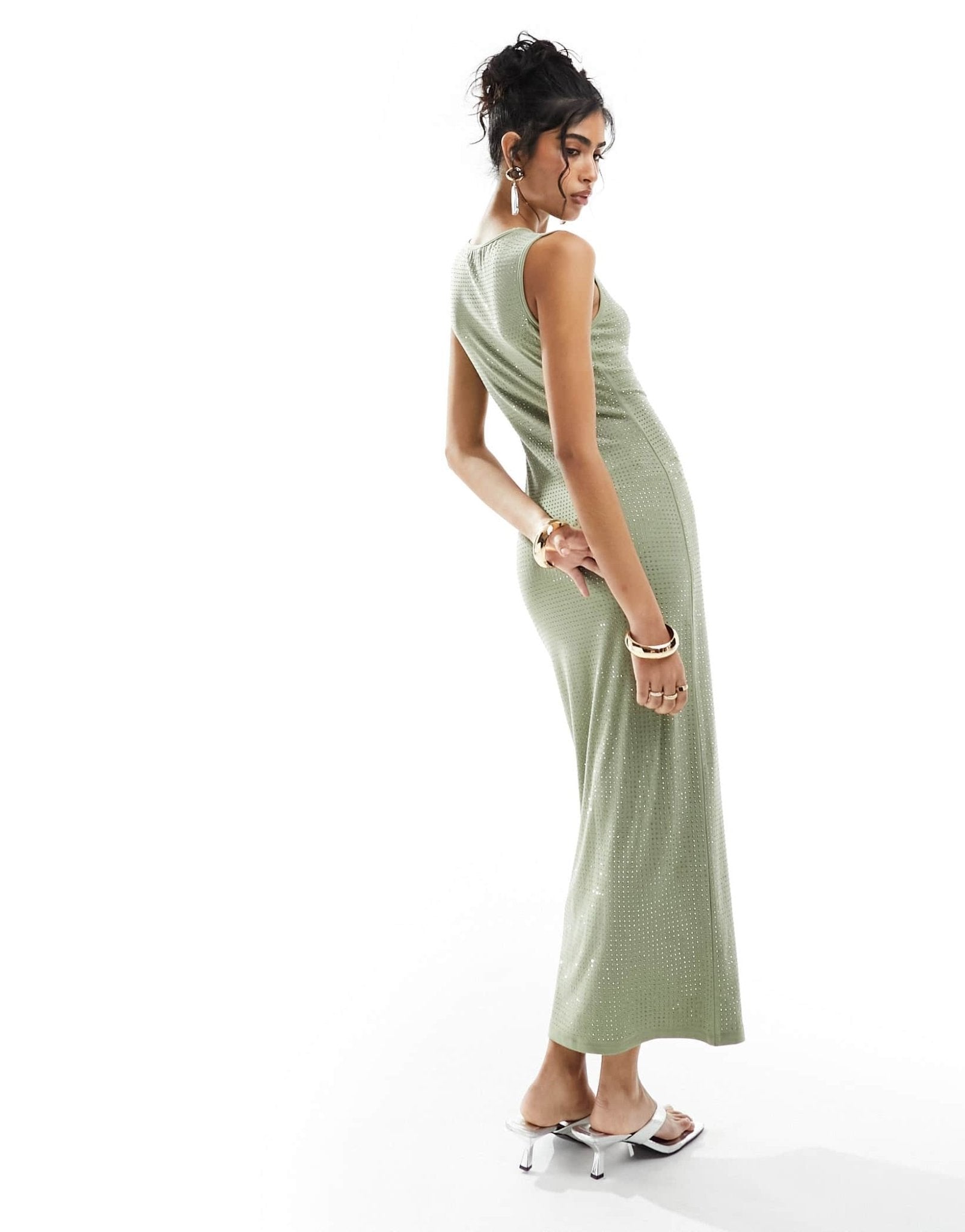 4th & Reckless sleeveless all over hotfix diamante midaxi dress in olive - ASOS Sample Sale