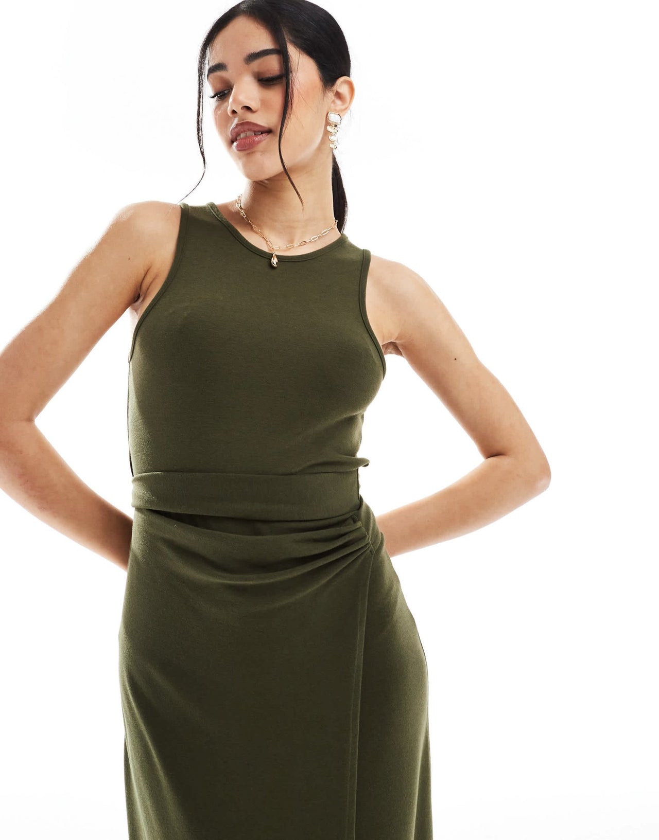 4th & Reckless sleeveless drape tie side maxi dress in olive - ASOS Sample Sale