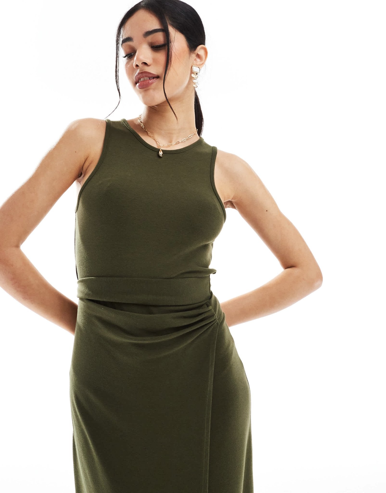 4th & Reckless sleeveless drape tie side maxi dress in olive - ASOS Sample Sale