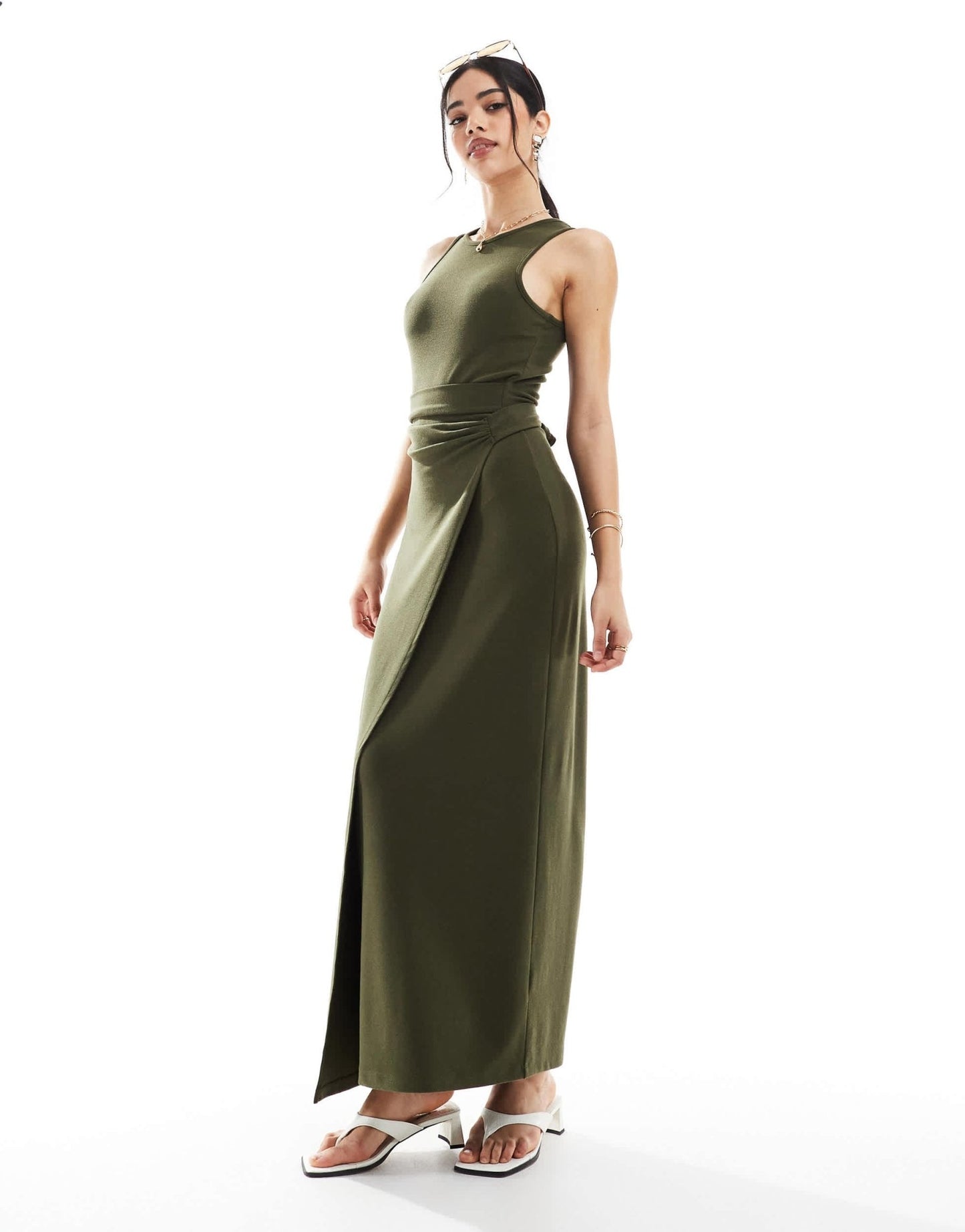 4th & Reckless sleeveless drape tie side maxi dress in olive - ASOS Sample Sale