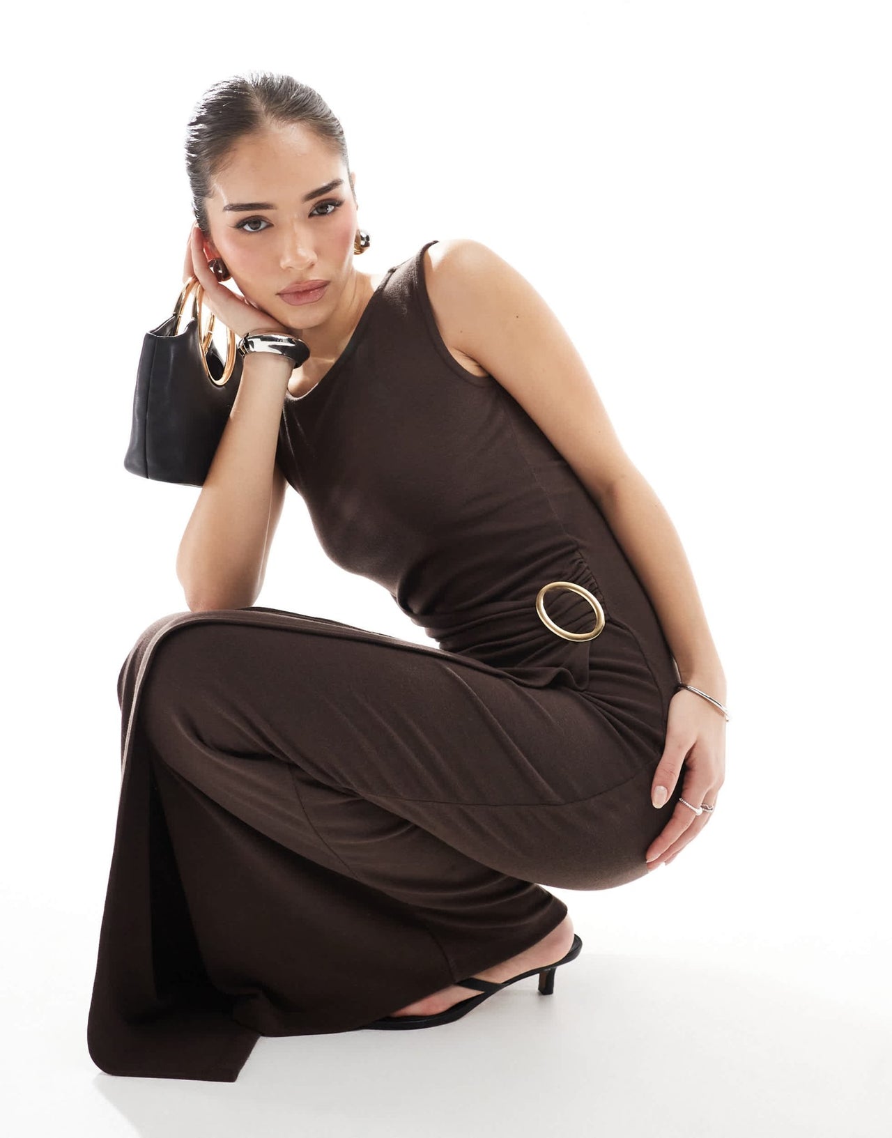 4th & Reckless sleeveless drape wrap ring detail maxi dress in chocolate - ASOS Sample Sale