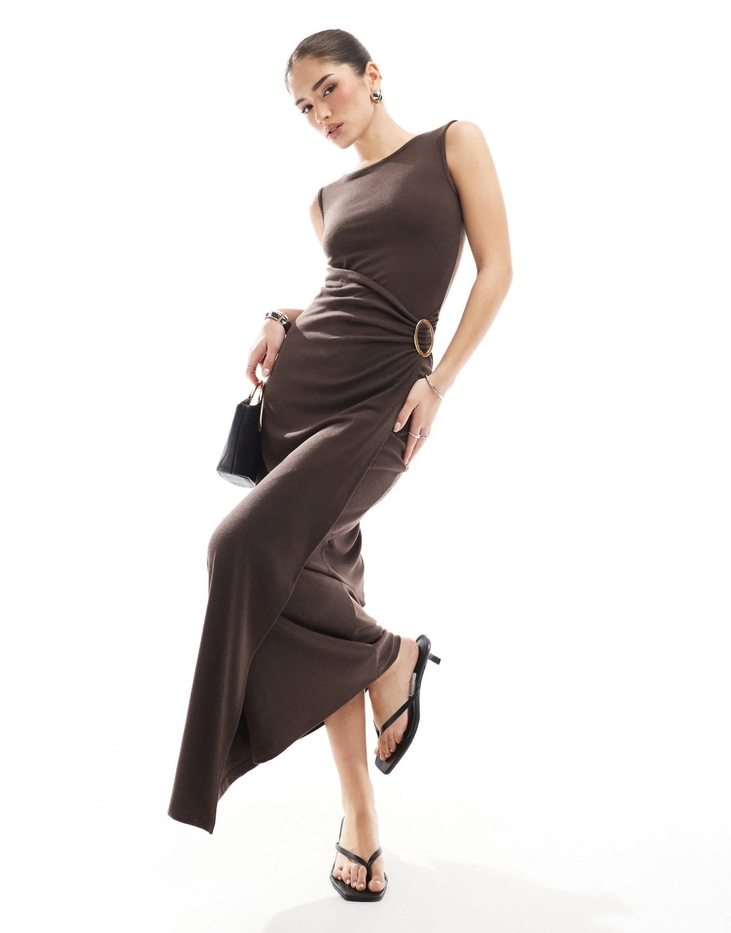 4th & Reckless sleeveless drape wrap ring detail maxi dress in chocolate - ASOS Sample Sale