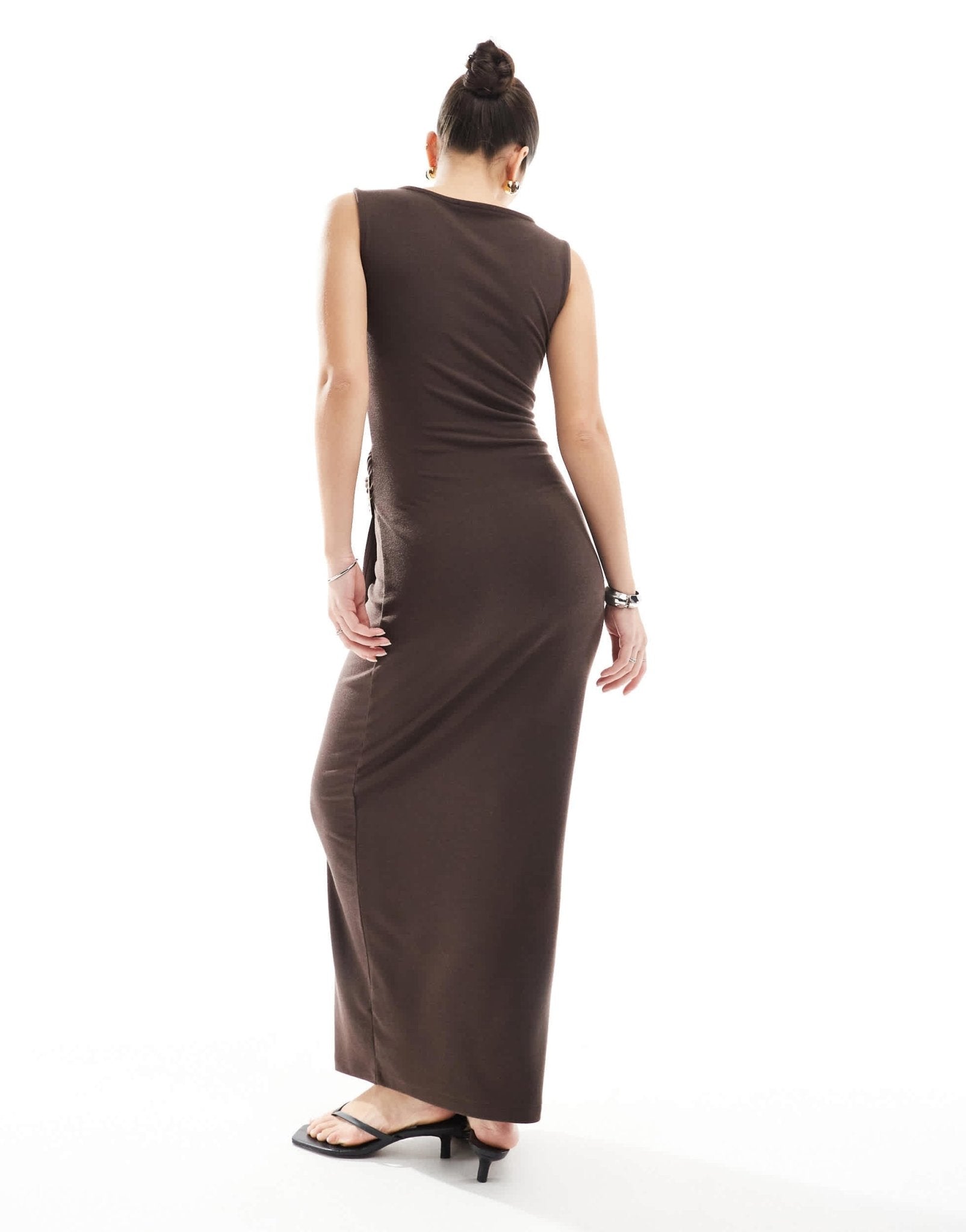 4th & Reckless sleeveless drape wrap ring detail maxi dress in chocolate - ASOS Sample Sale