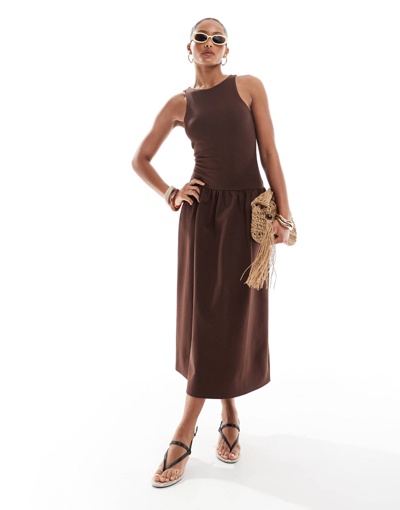 4th & Reckless sleeveless racerneck drop waist midaxi dress in chocolate - ASOS Sample Sale