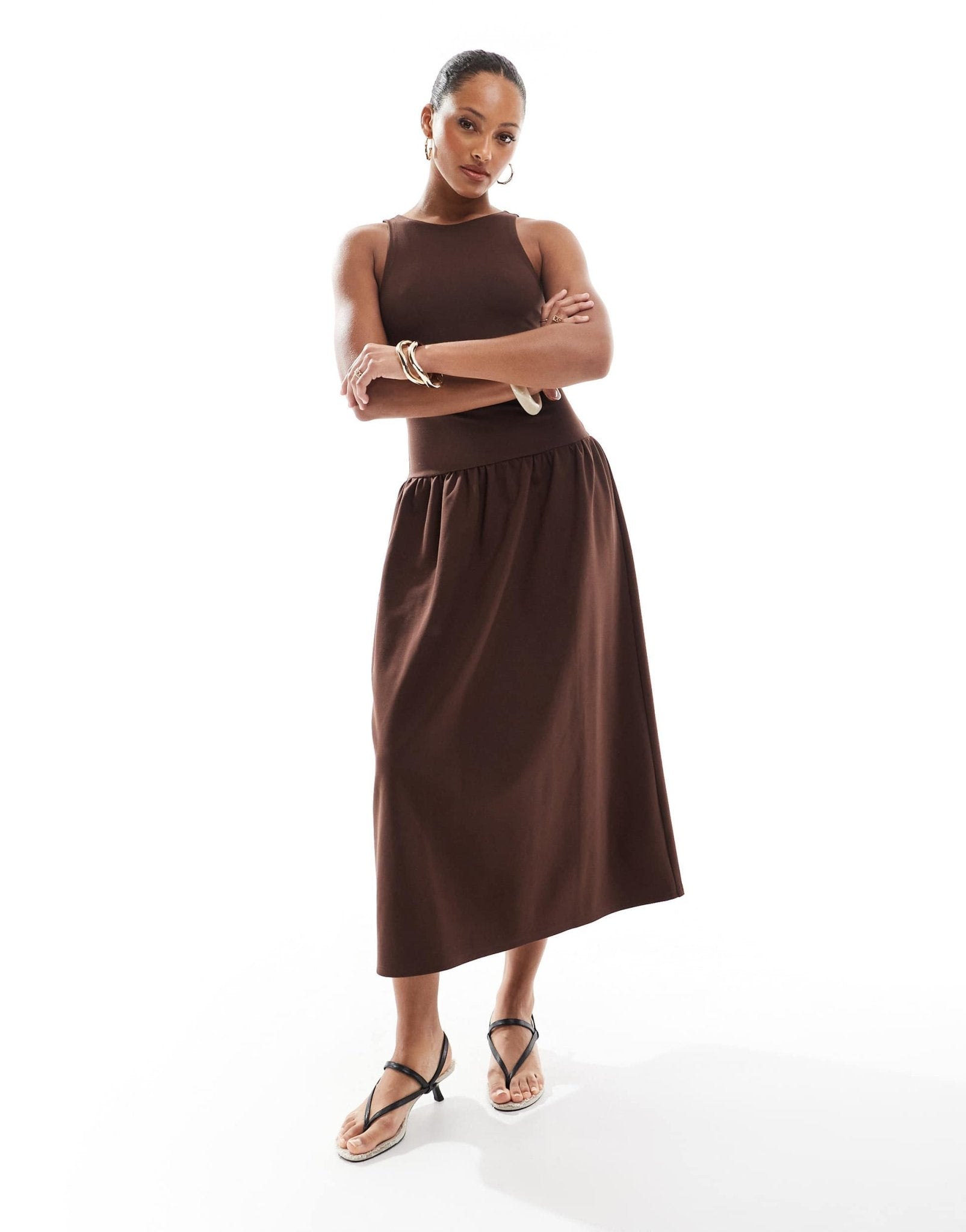 4th & Reckless sleeveless racerneck drop waist midaxi dress in chocolate - ASOS Sample Sale