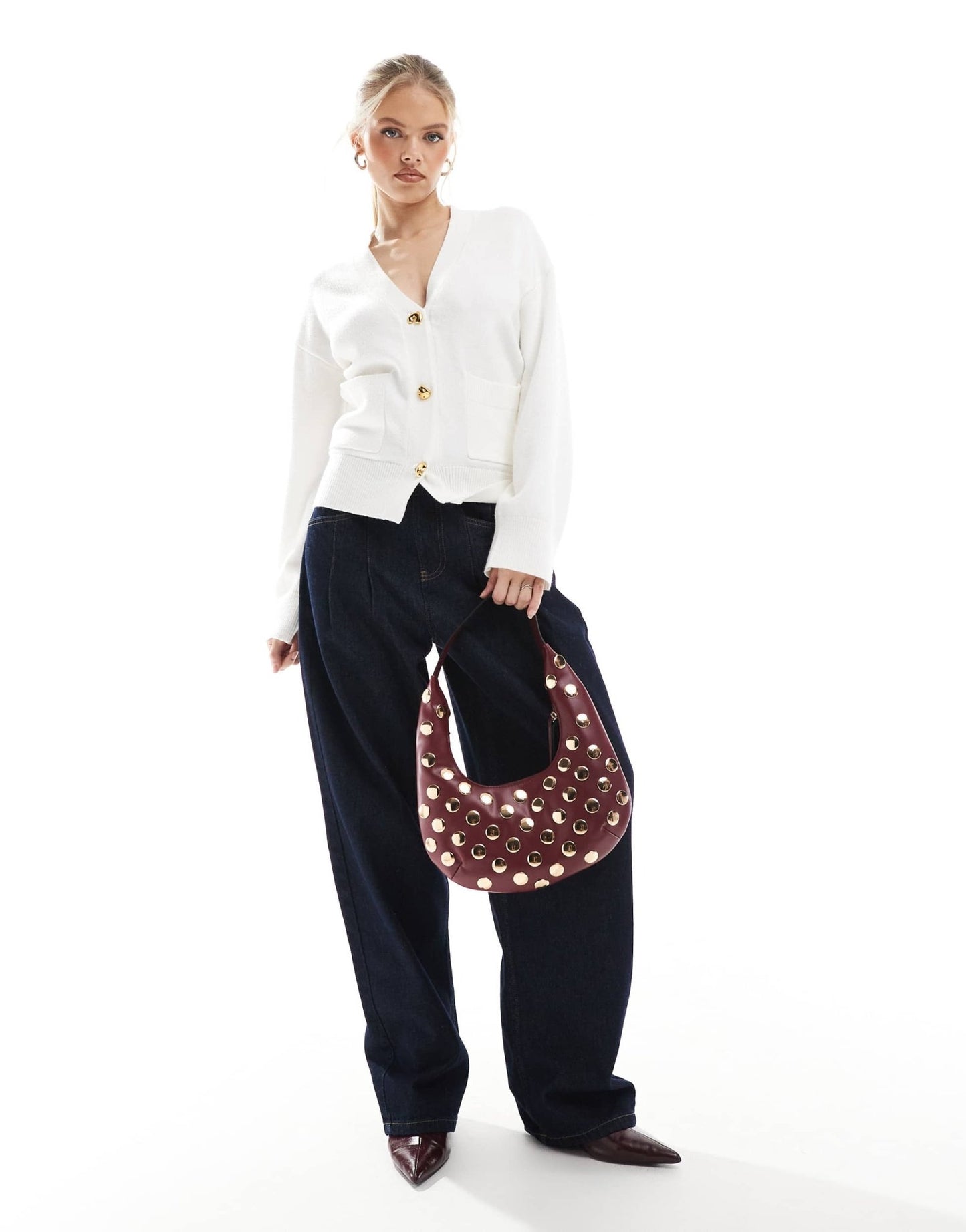 4th & Reckless structured v neck gold button detail cardigan in cream - ASOS Sample Sale