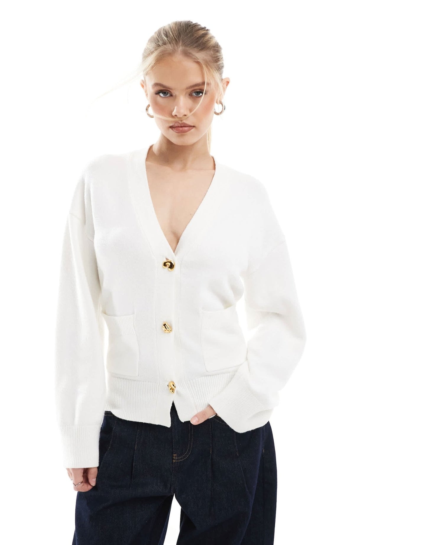 4th & Reckless structured v neck gold button detail cardigan in cream - ASOS Sample Sale