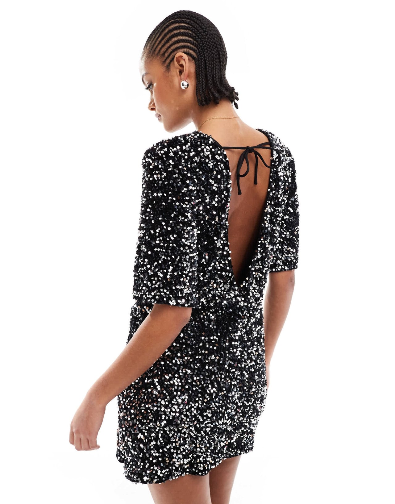 4th & Reckless Tall velvet sequin mini t-shirt dress with open back in black - ASOS Sample Sale