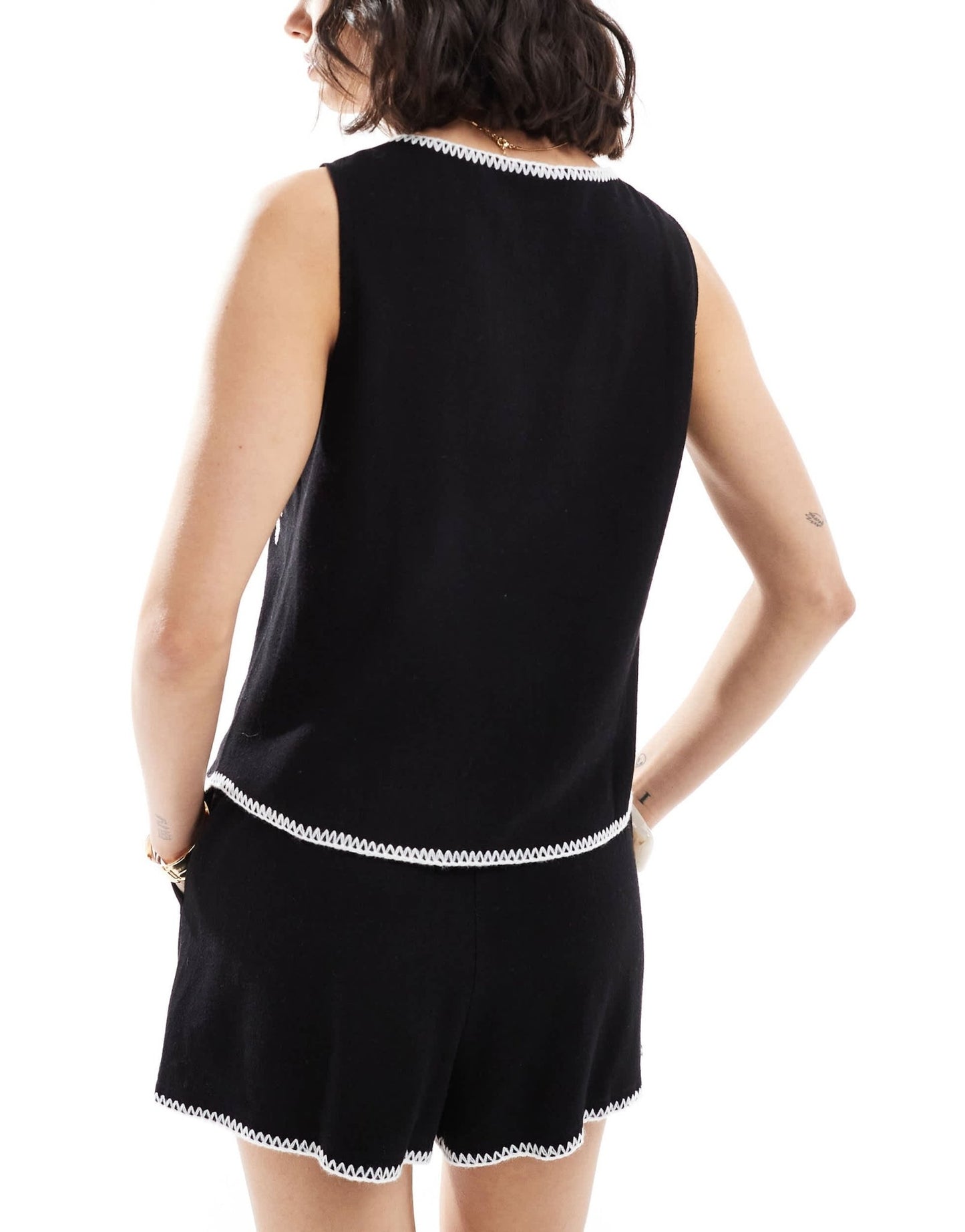 4th & Reckless tie front palm embroidered linen blend waistcoat co - ord in black - ASOS Sample Sale