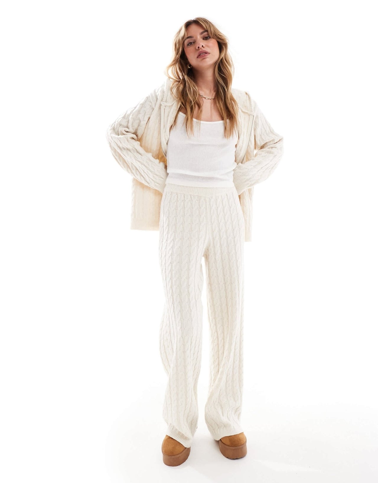 4th & Reckless wool mix cable knit flared trousers co - ord in cream - ASOS Sample Sale