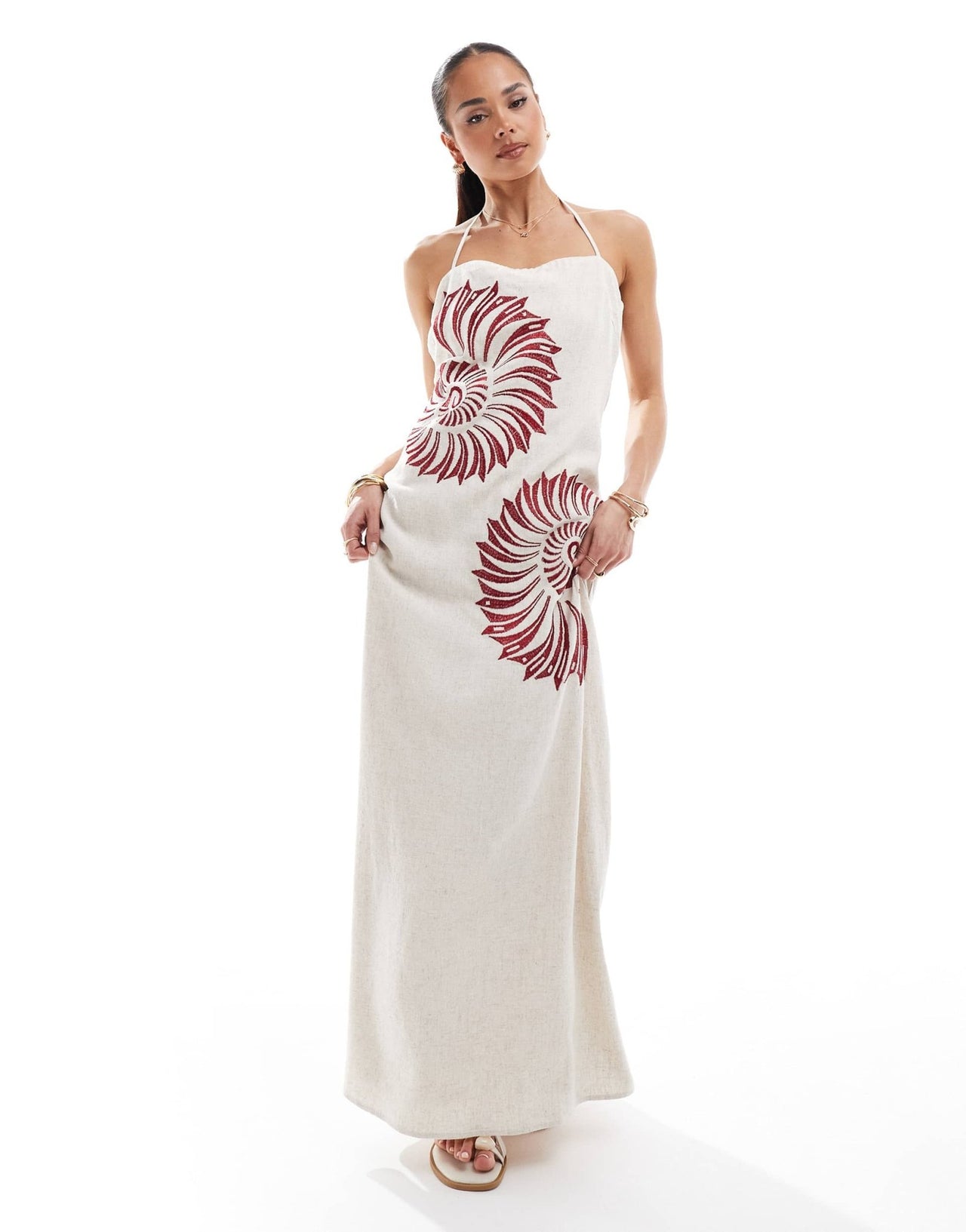 4th&nbsp;& Reckless linen blend brown shell embroidered halterneck&nbsp;maxi dress in beige - ASOS Sample Sale