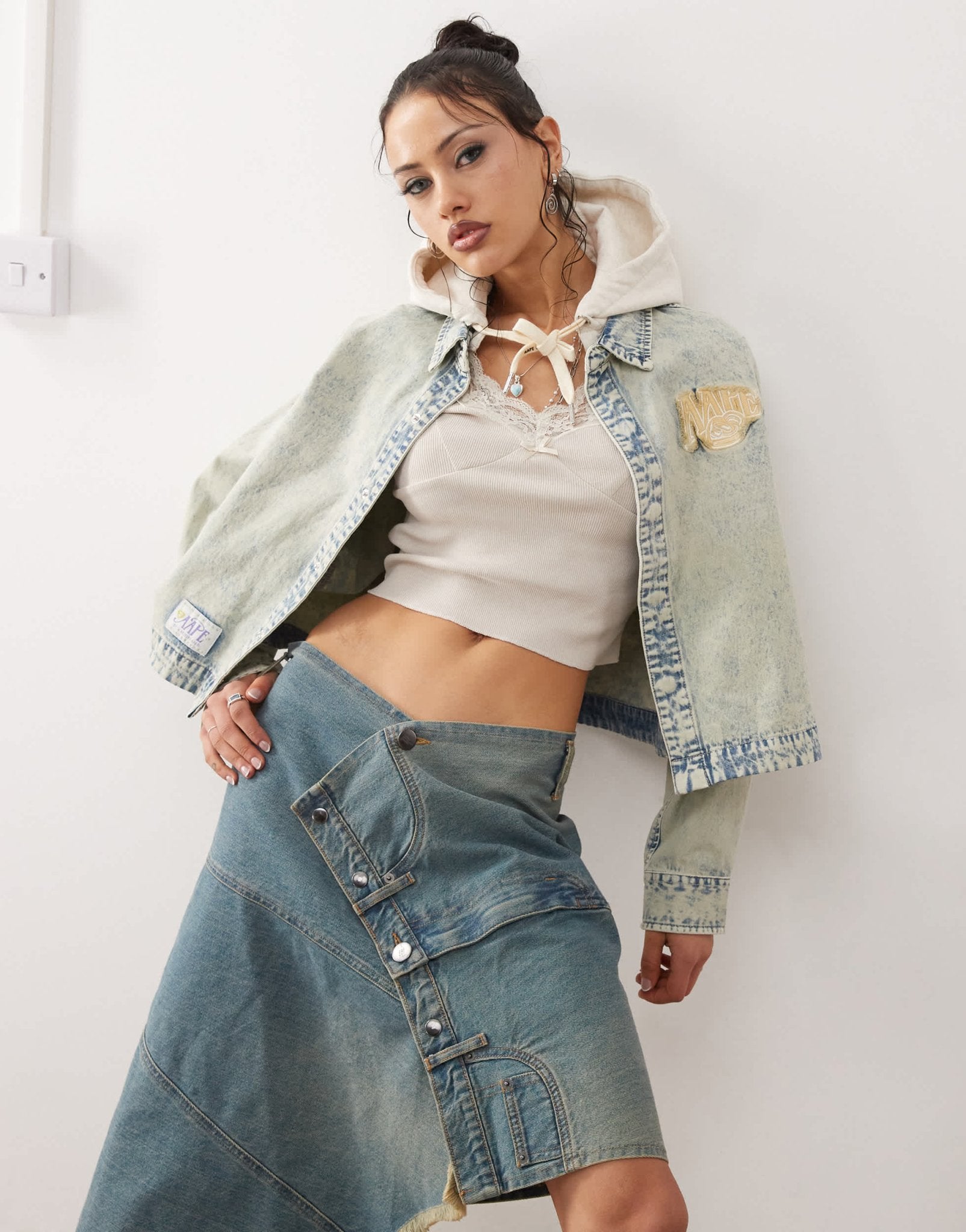 Aape By A Bathing Ape hooded denim shirt in light blue wash - ASOS Sample Sale
