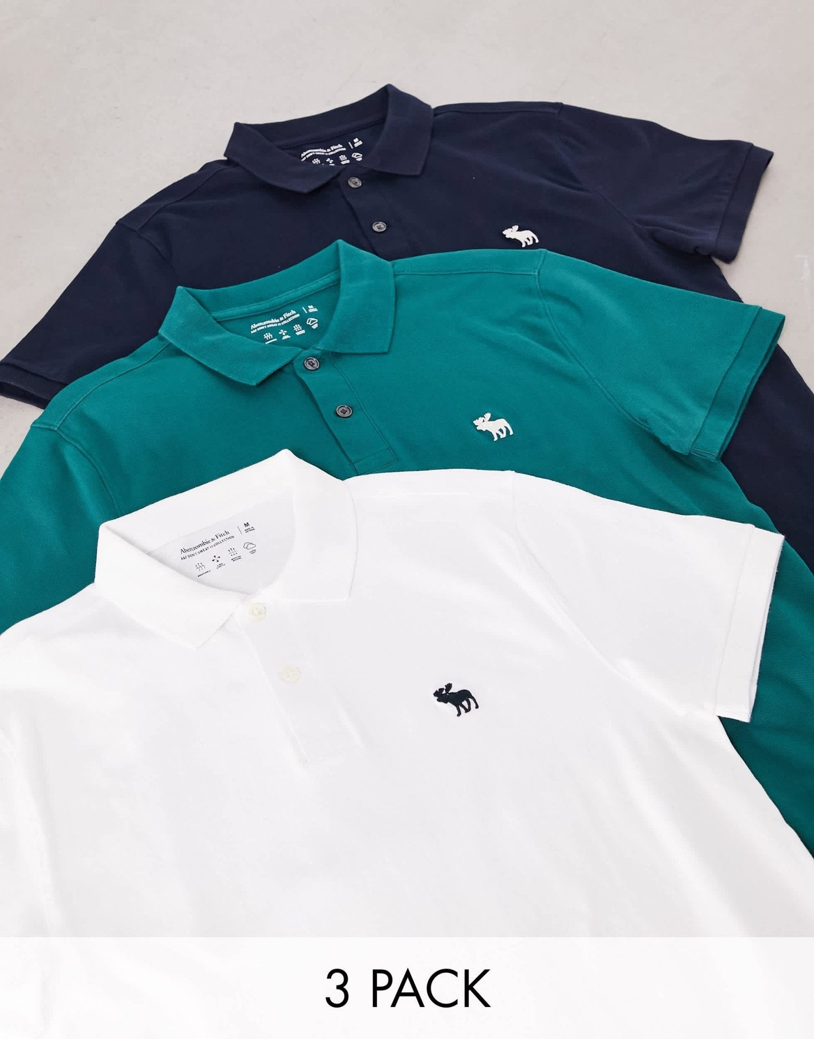 Abercrombie & Fitch 3 pack icon logo pique polo in white/green/navy - ASOS Sample Sale