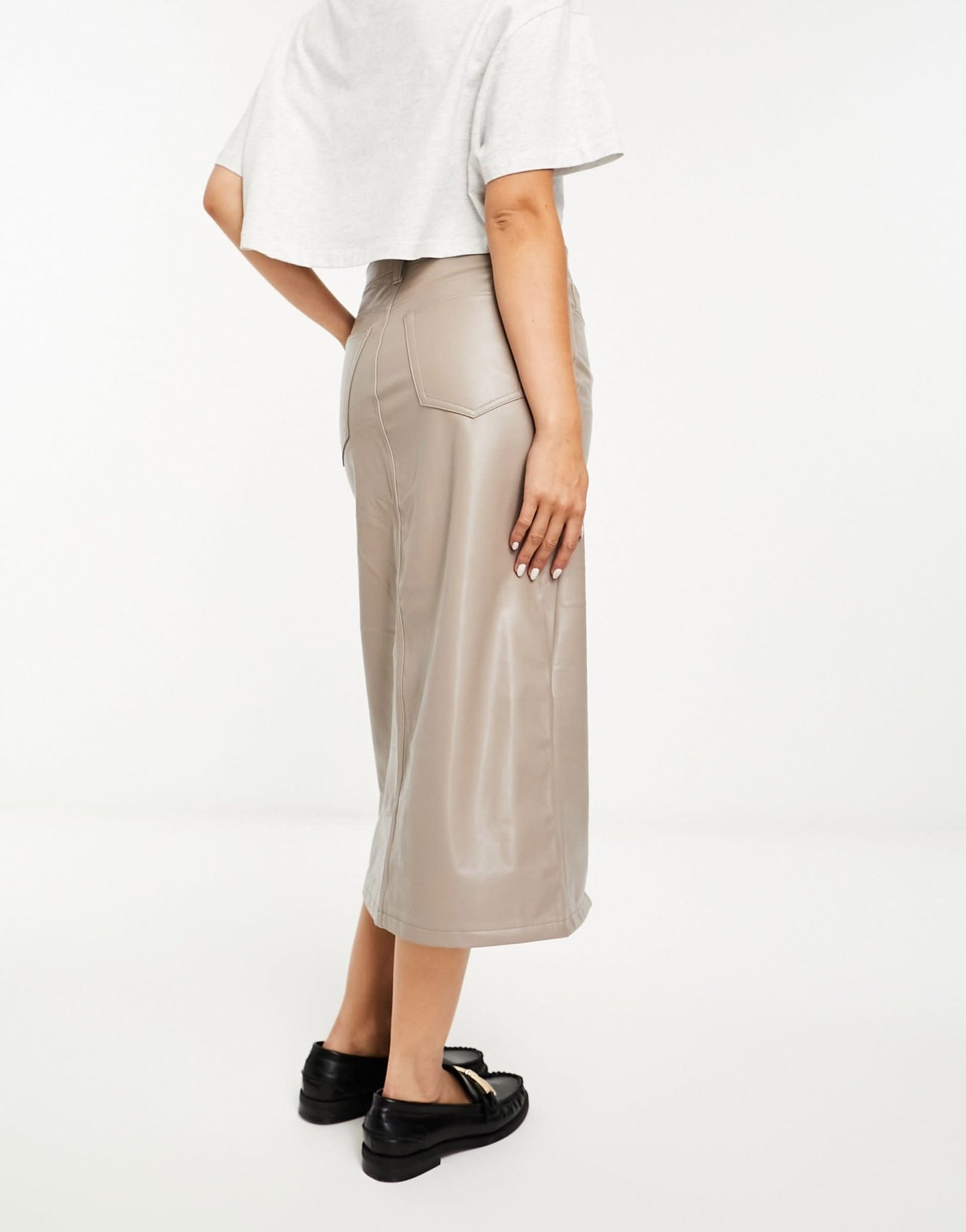 Abercrombie & Fitch 5 pocket faux leather pencil midi skirt in mushroom - ASOS Sample Sale