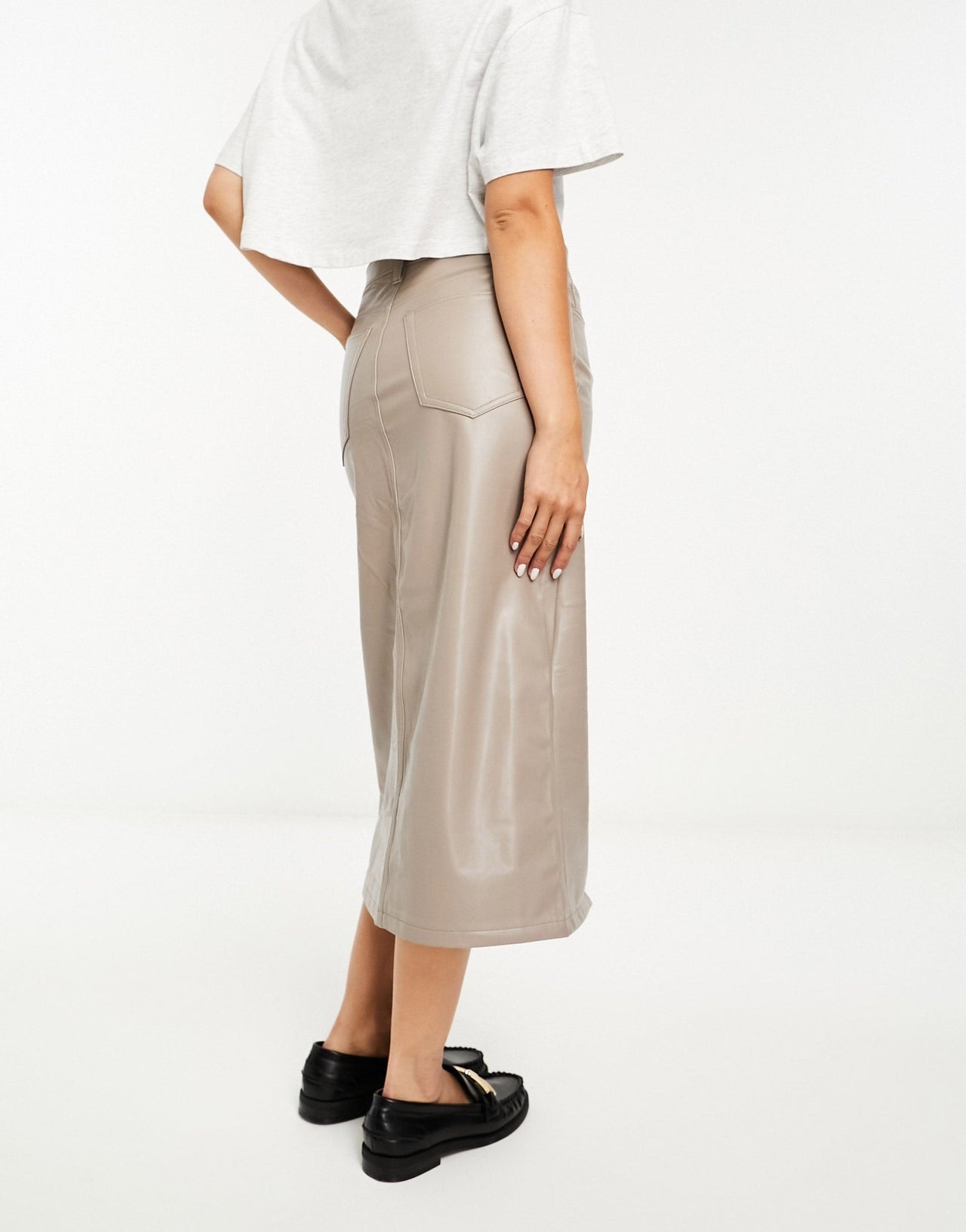 Abercrombie & Fitch 5 pocket faux leather pencil midi skirt in mushroom - ASOS Sample Sale