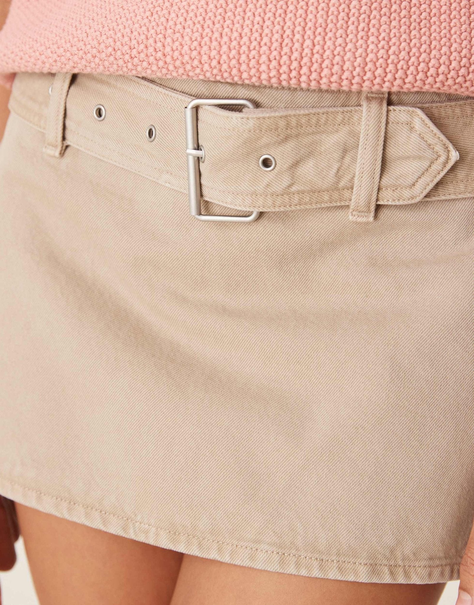 Abercrombie & Fitch belted denim mini skort in beige - ASOS Sample Sale