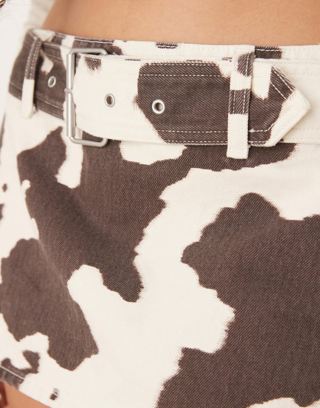 Abercrombie & Fitch belted denim mini skort in cow print - ASOS Sample Sale