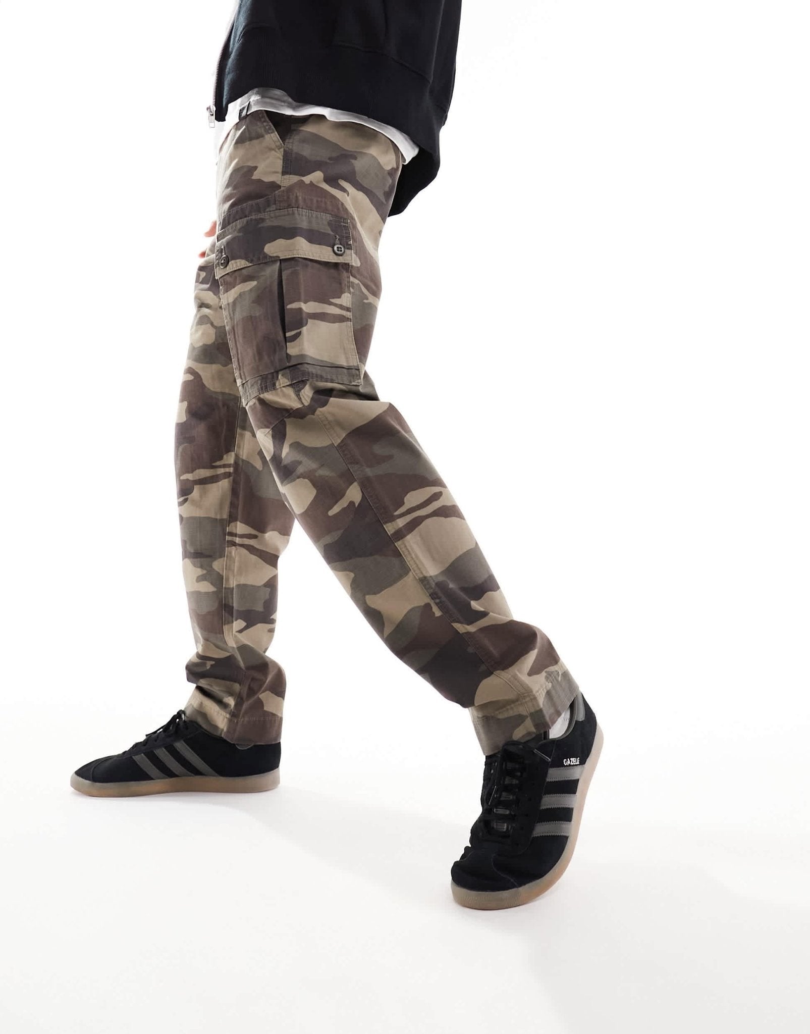 Abercrombie & Fitch camo print stretch canvas loose fit cargo trousers in green - ASOS Sample Sale