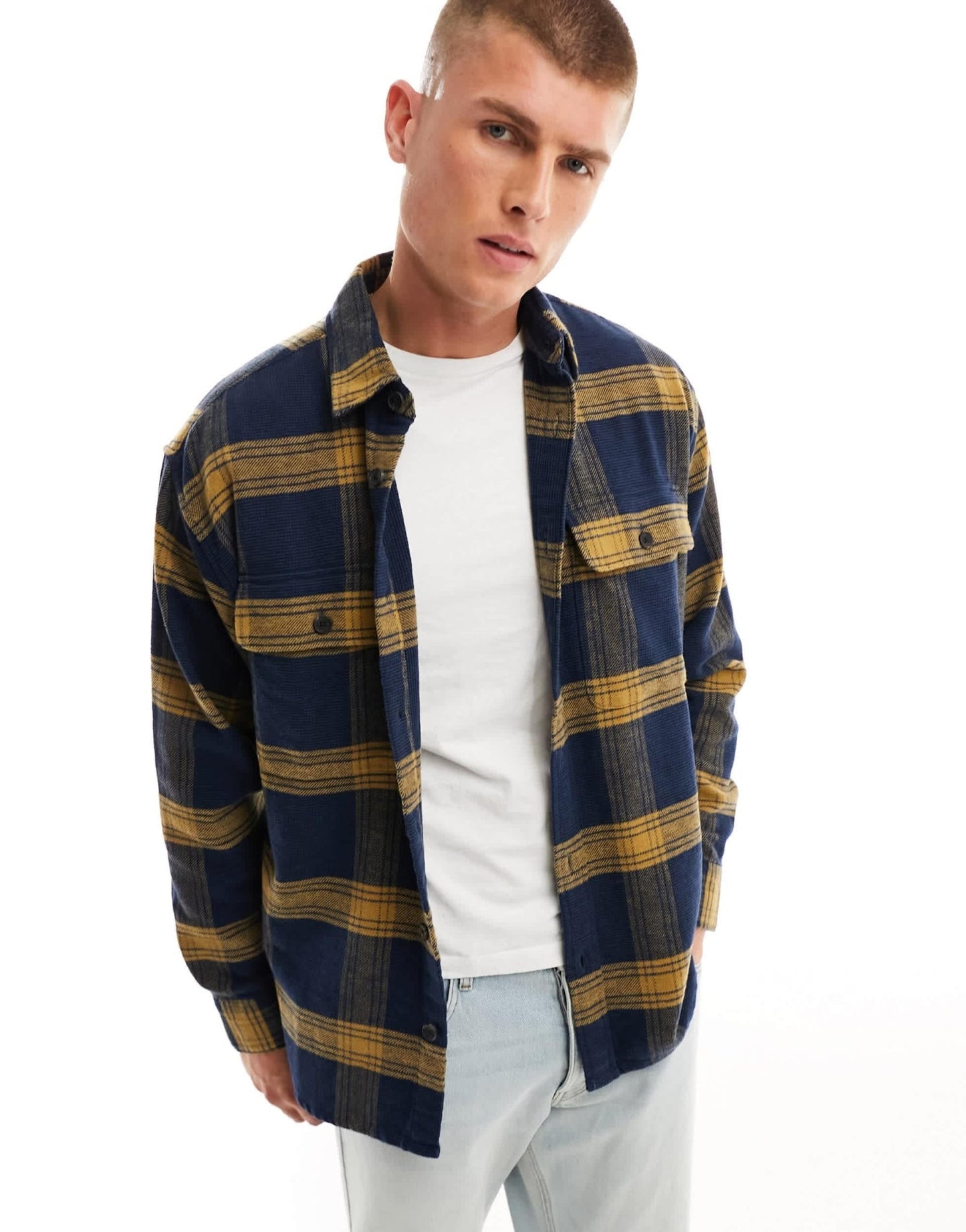 Abercrombie & Fitch check relaxed fit chunky flannel overshirt in navy - ASOS Sample Sale