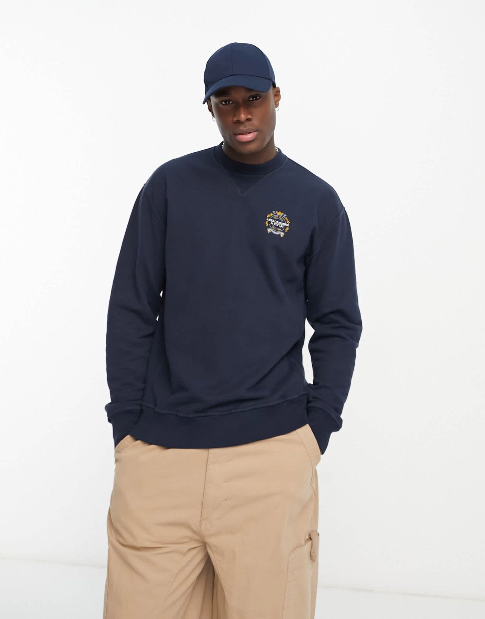 Abercrombie & Fitch crest badge logo french terry sweatshirt in navy - ASOS Sample Sale