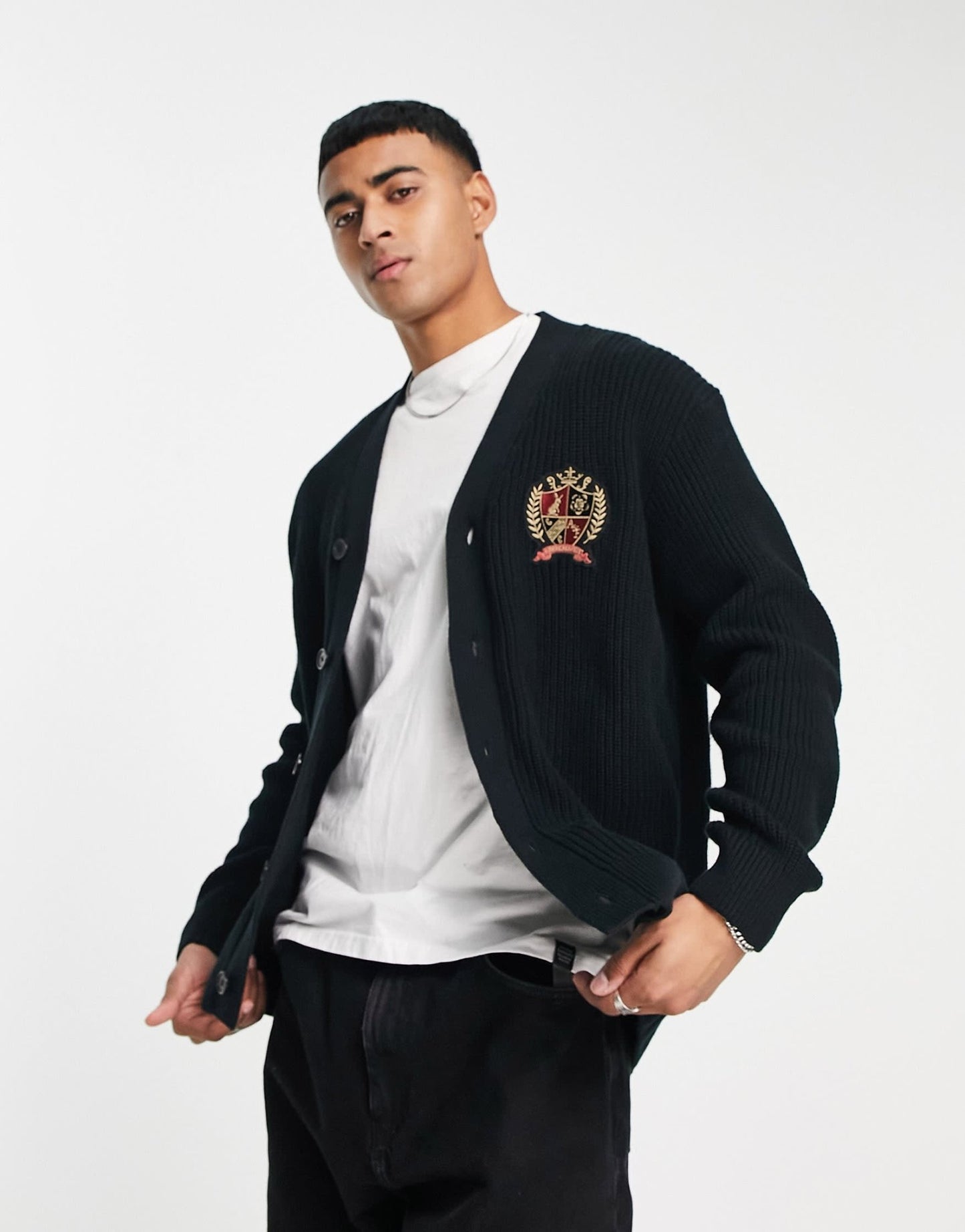 Abercrombie & Fitch crest logo knit cardigan in black - ASOS Sample Sale