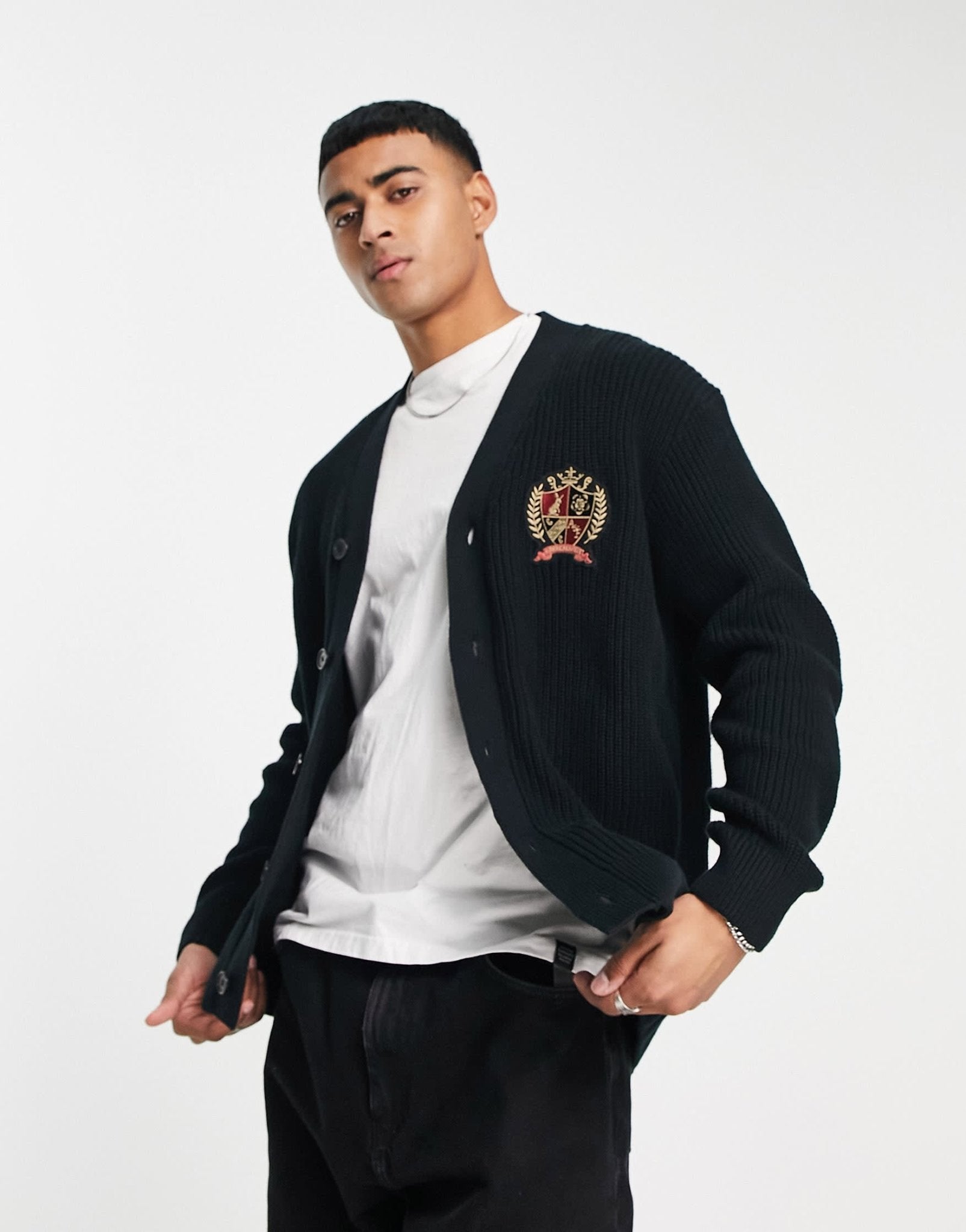 Abercrombie & Fitch crest logo knit cardigan in black - ASOS Sample Sale
