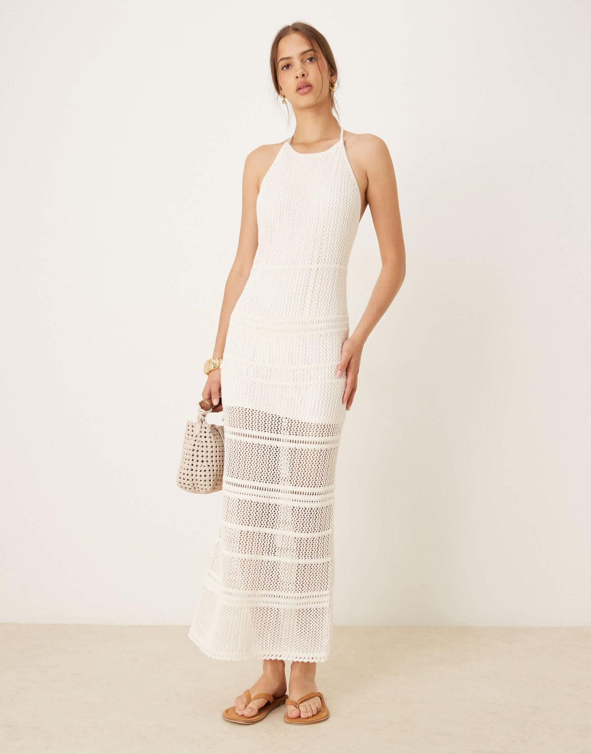 Abercrombie & Fitch crochet high neck open back maxi dress with beaded straps in cream - ASOS Sample Sale
