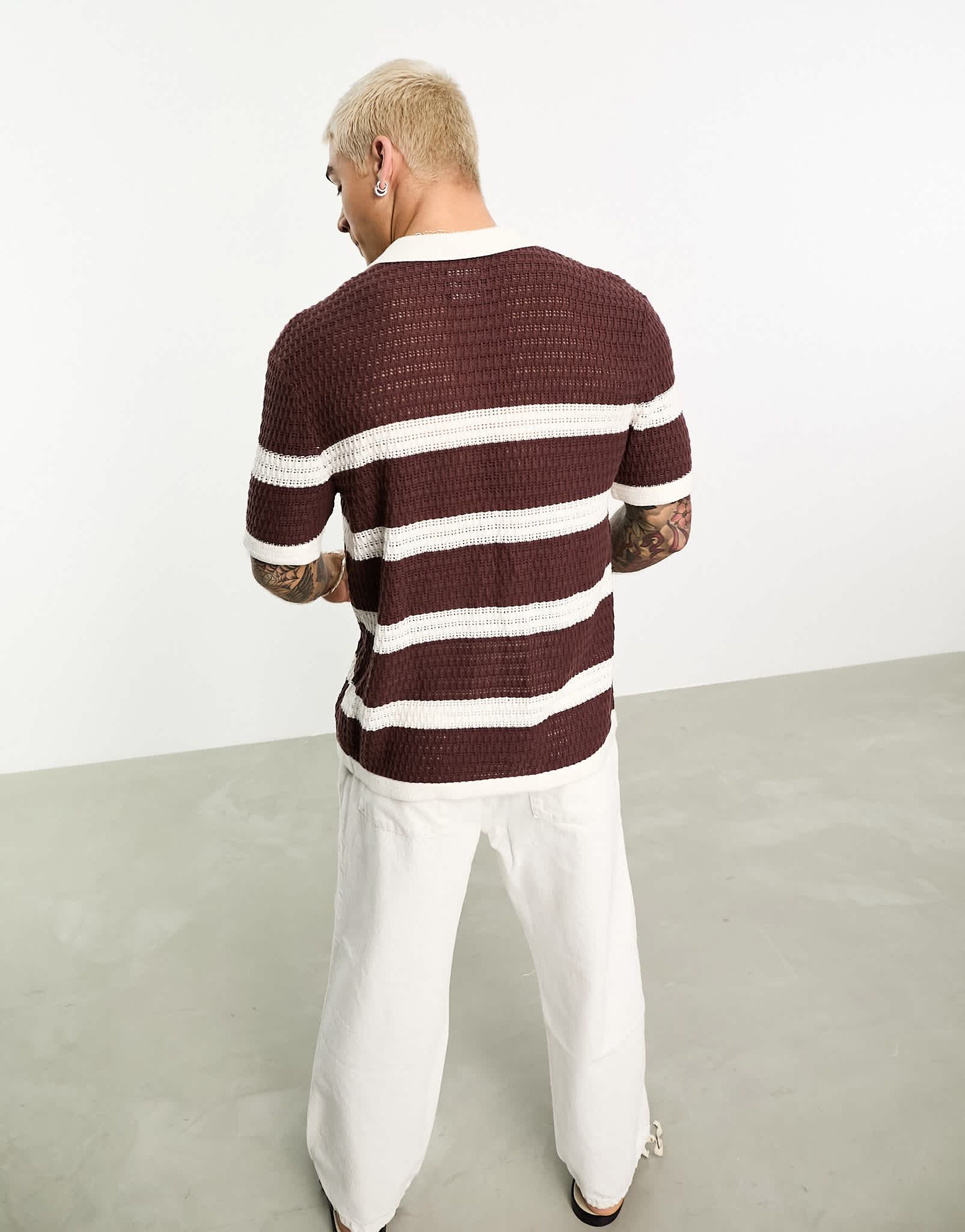 Abercrombie & Fitch crochet polo shirt in brown stripe - ASOS Sample Sale