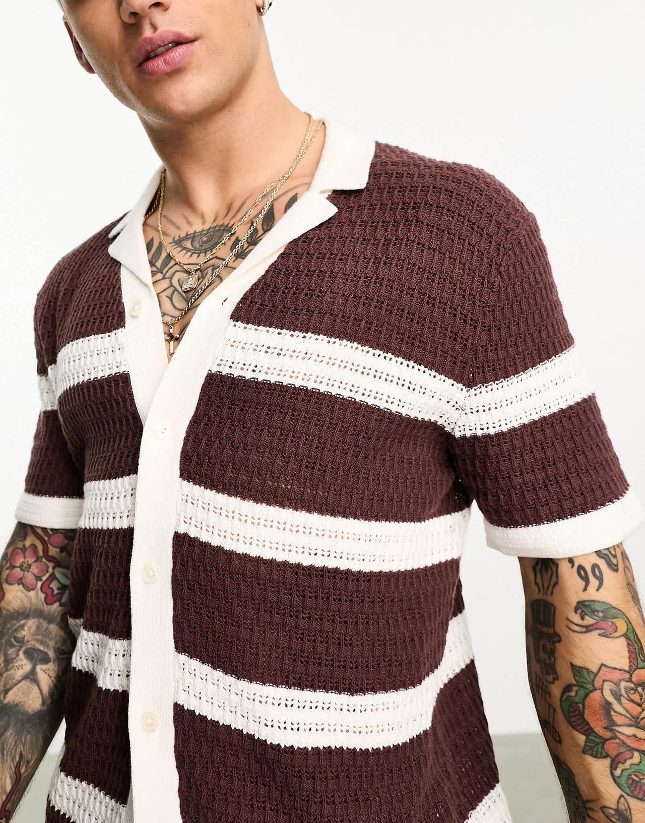 Abercrombie & Fitch crochet polo shirt in brown stripe - ASOS Sample Sale