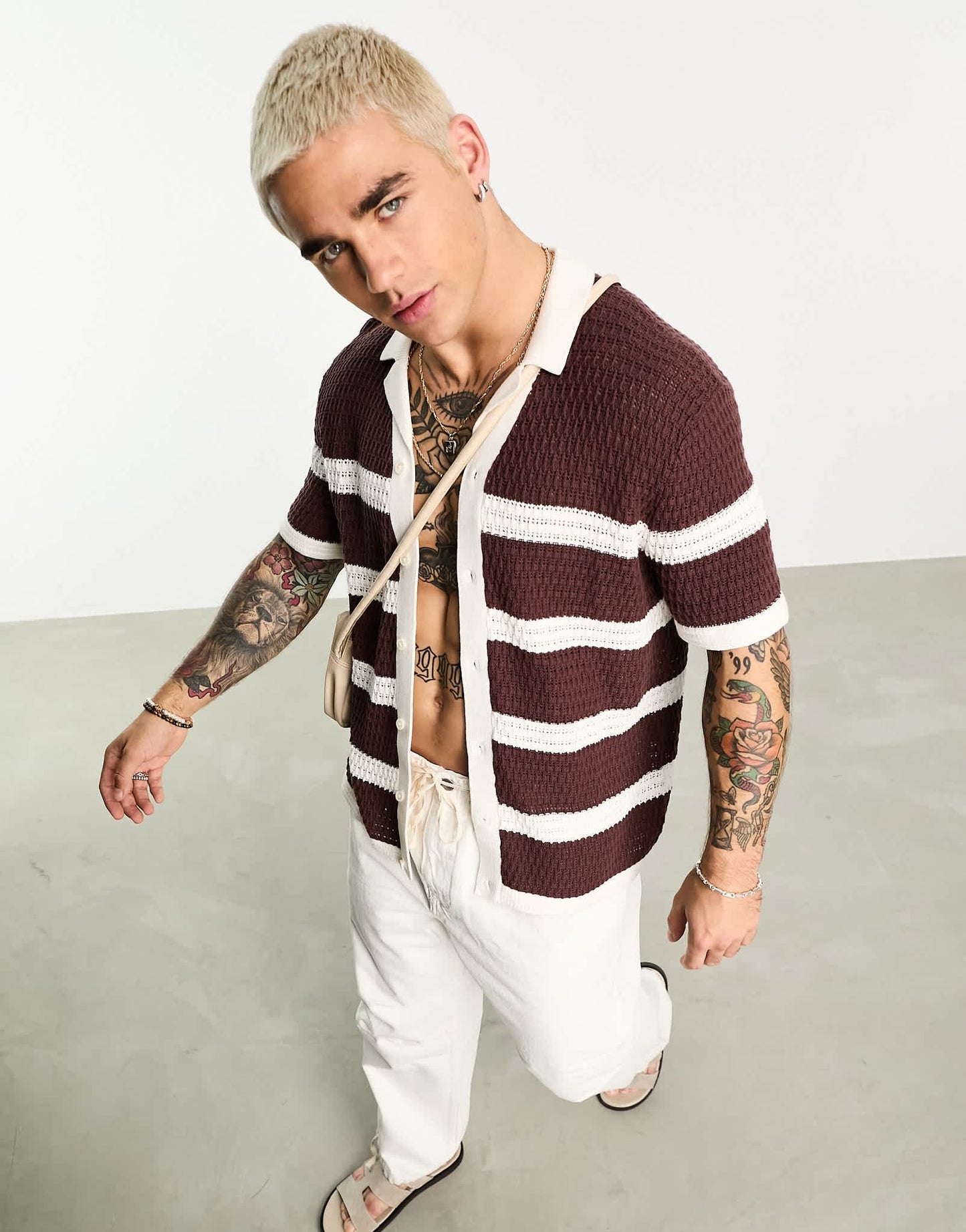 Abercrombie & Fitch crochet polo shirt in brown stripe - ASOS Sample Sale