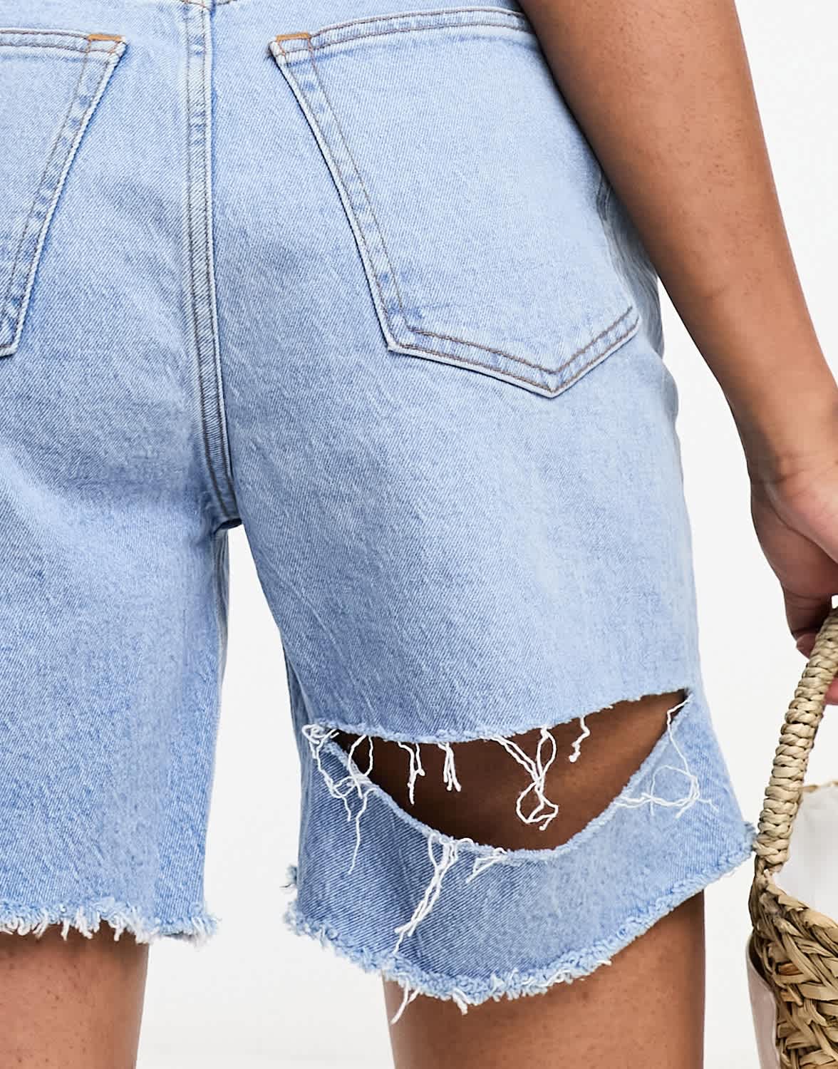 Abercrombie & Fitch curve love dad fit denim short with back destroy detail in mid blue - ASOS Sample Sale
