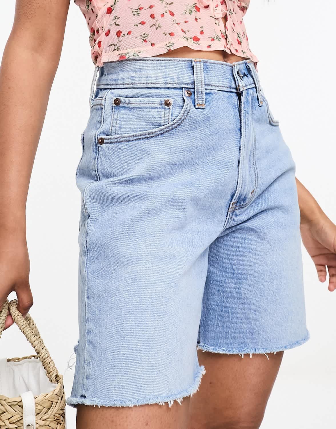 Abercrombie & Fitch curve love dad fit denim short with back destroy detail in mid blue - ASOS Sample Sale
