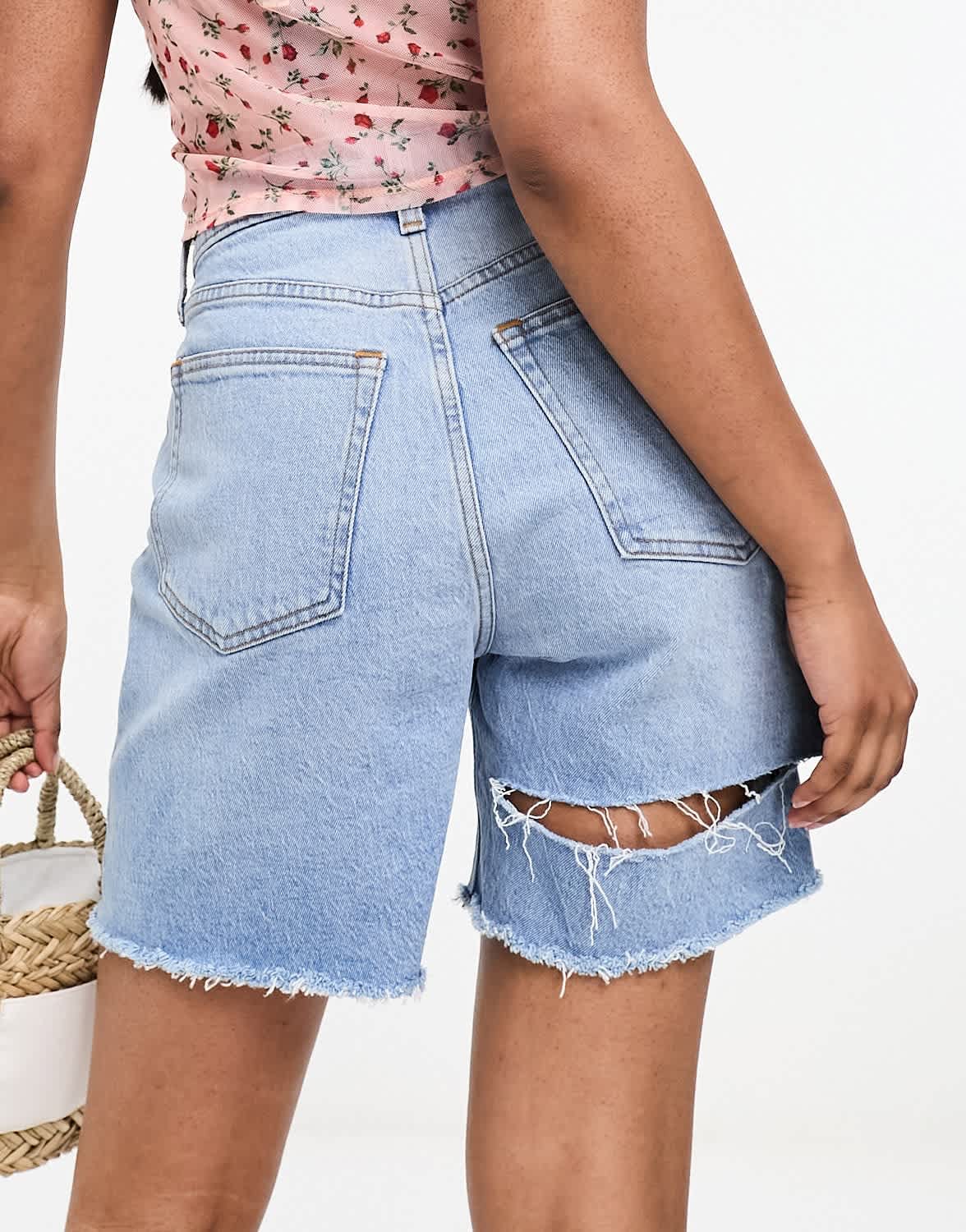 Abercrombie & Fitch curve love dad fit denim short with back destroy detail in mid blue - ASOS Sample Sale