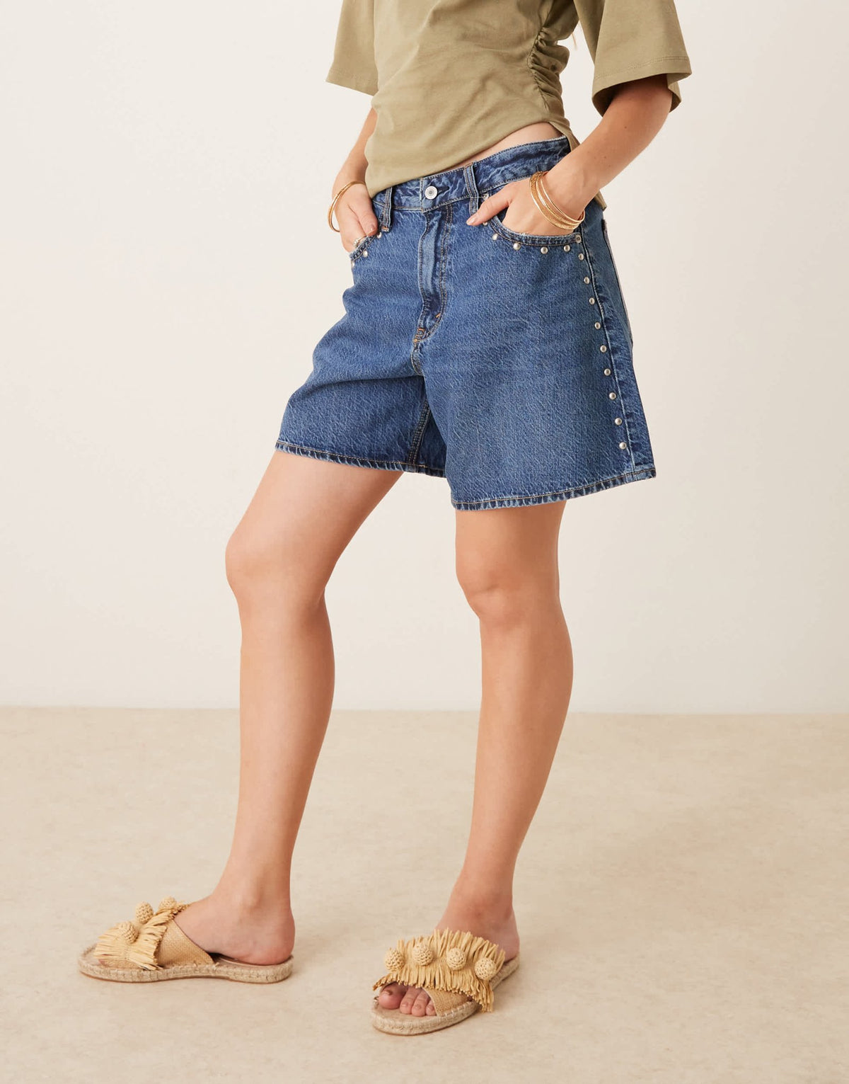 Abercrombie & Fitch curve love high rise loose denim studded shorts with frayed hem in dark wash - ASOS Sample Sale