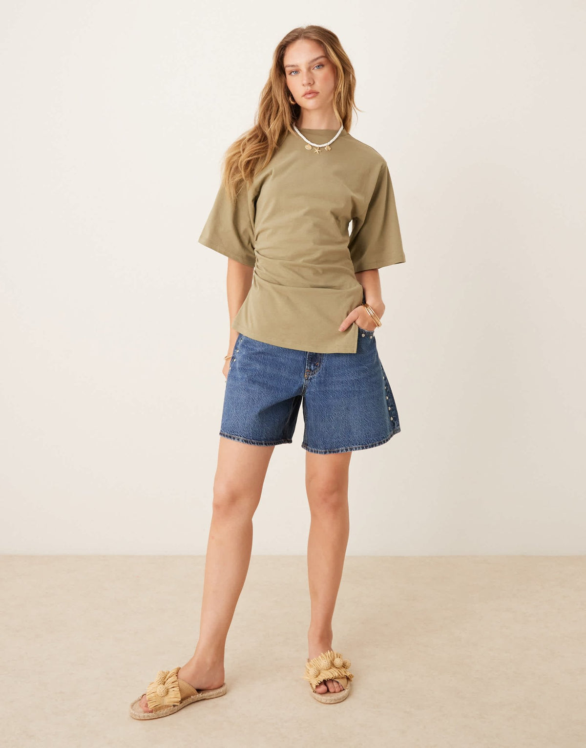 Abercrombie & Fitch curve love high rise loose denim studded shorts with frayed hem in dark wash - ASOS Sample Sale