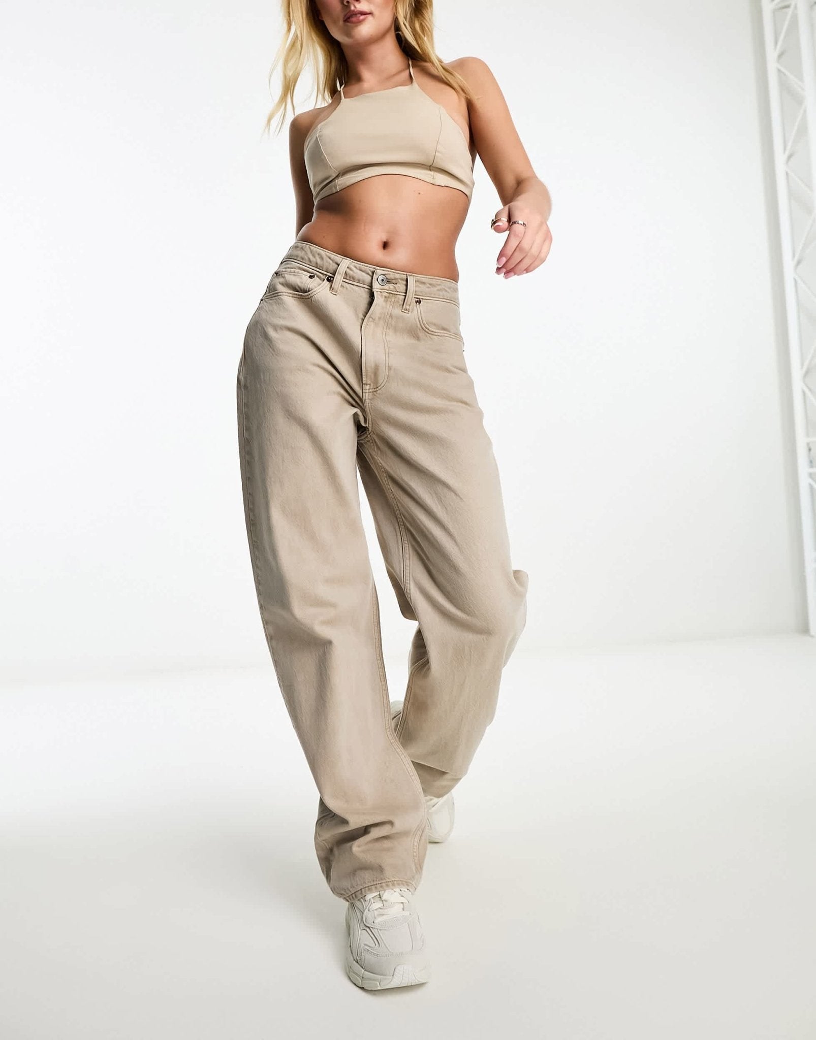 Abercrombie & Fitch curve love high rise tapered fit jean in light brown - ASOS Sample Sale