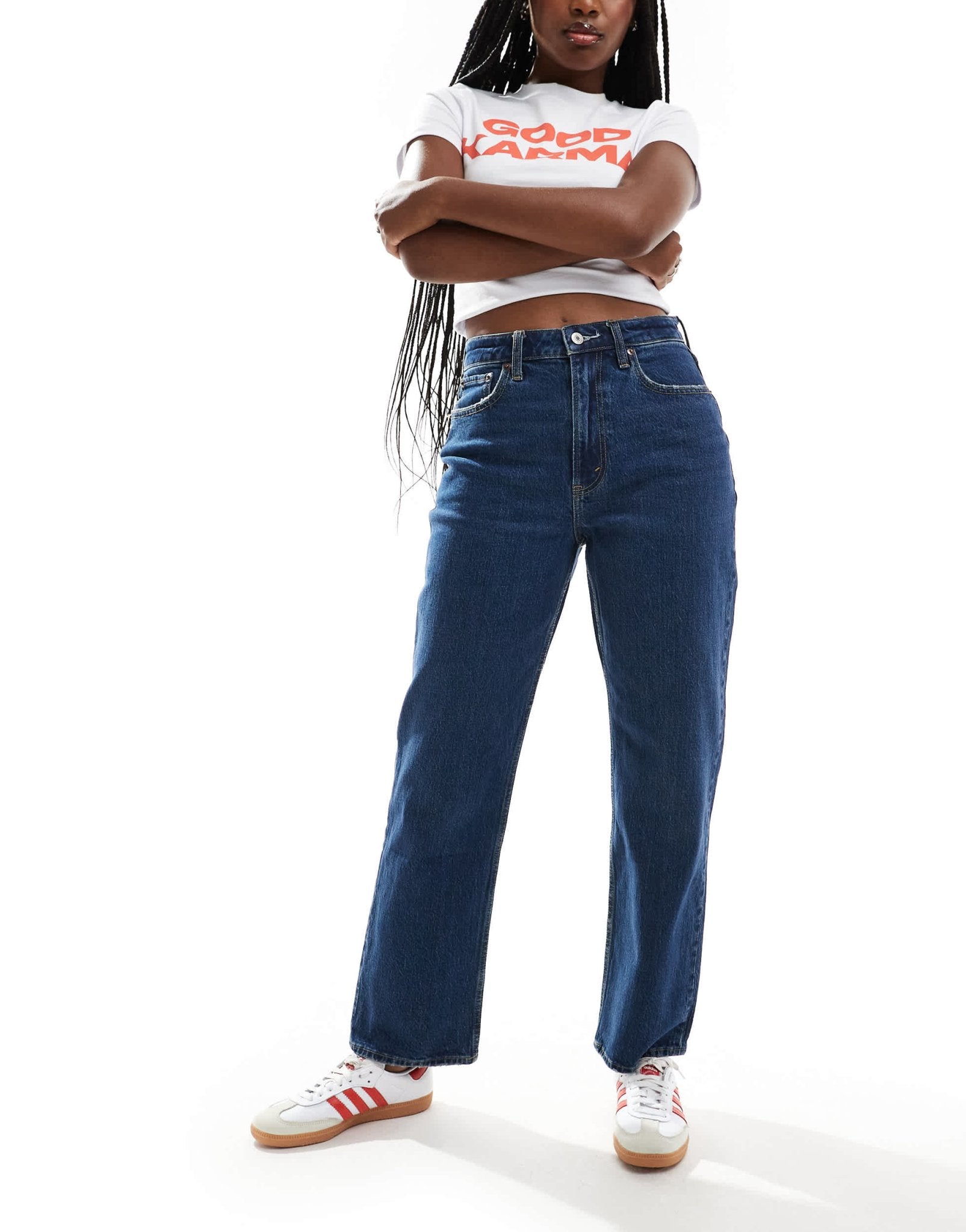 Abercrombie & Fitch Curve Love vintage straight high rise jean in dark blue - ASOS Sample Sale