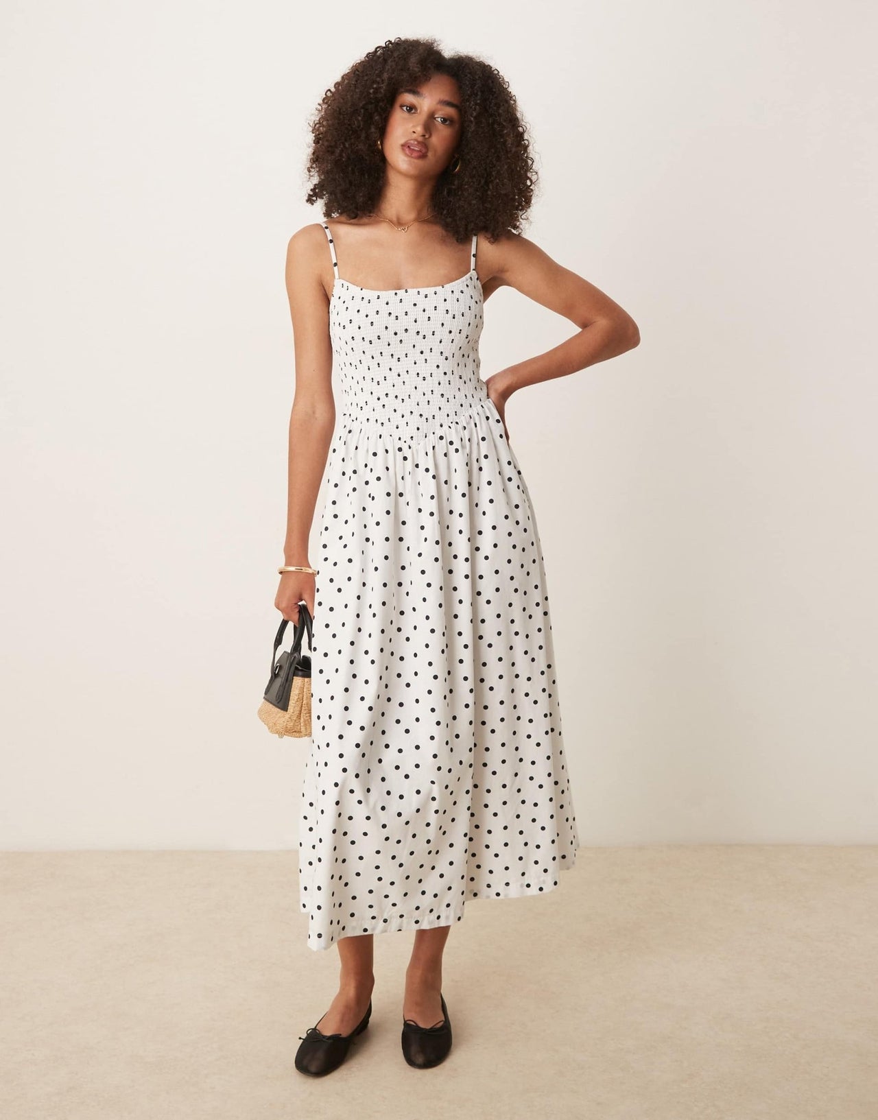 Abercrombie & Fitch dipped waist smocked poplin midi dress in polka dot - ASOS Sample Sale