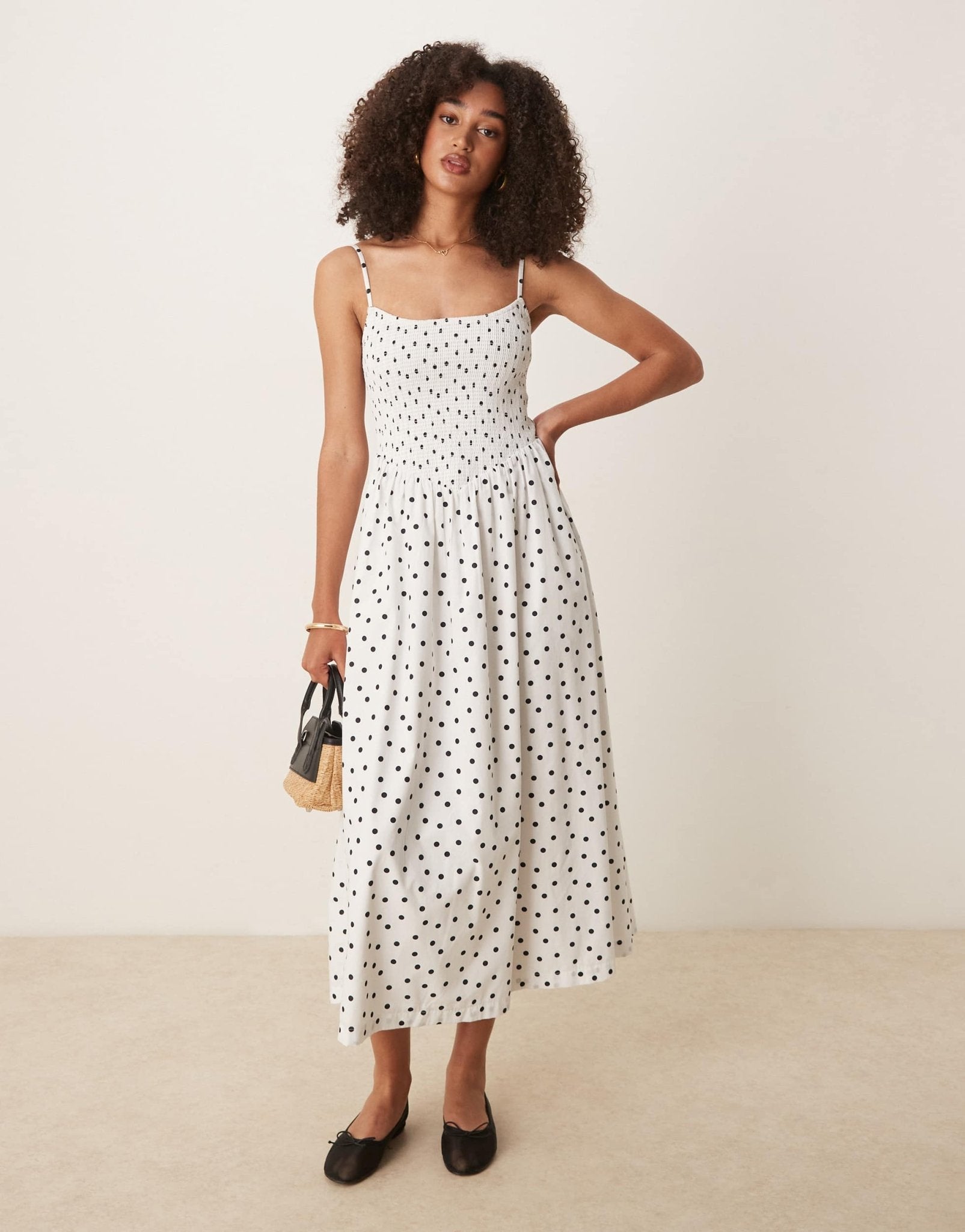 Abercrombie & Fitch dipped waist smocked poplin midi dress in polka dot - ASOS Sample Sale